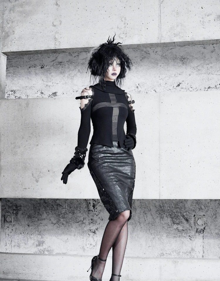 Black Snakeskin Mesh Faux Fur Pencil Skirt