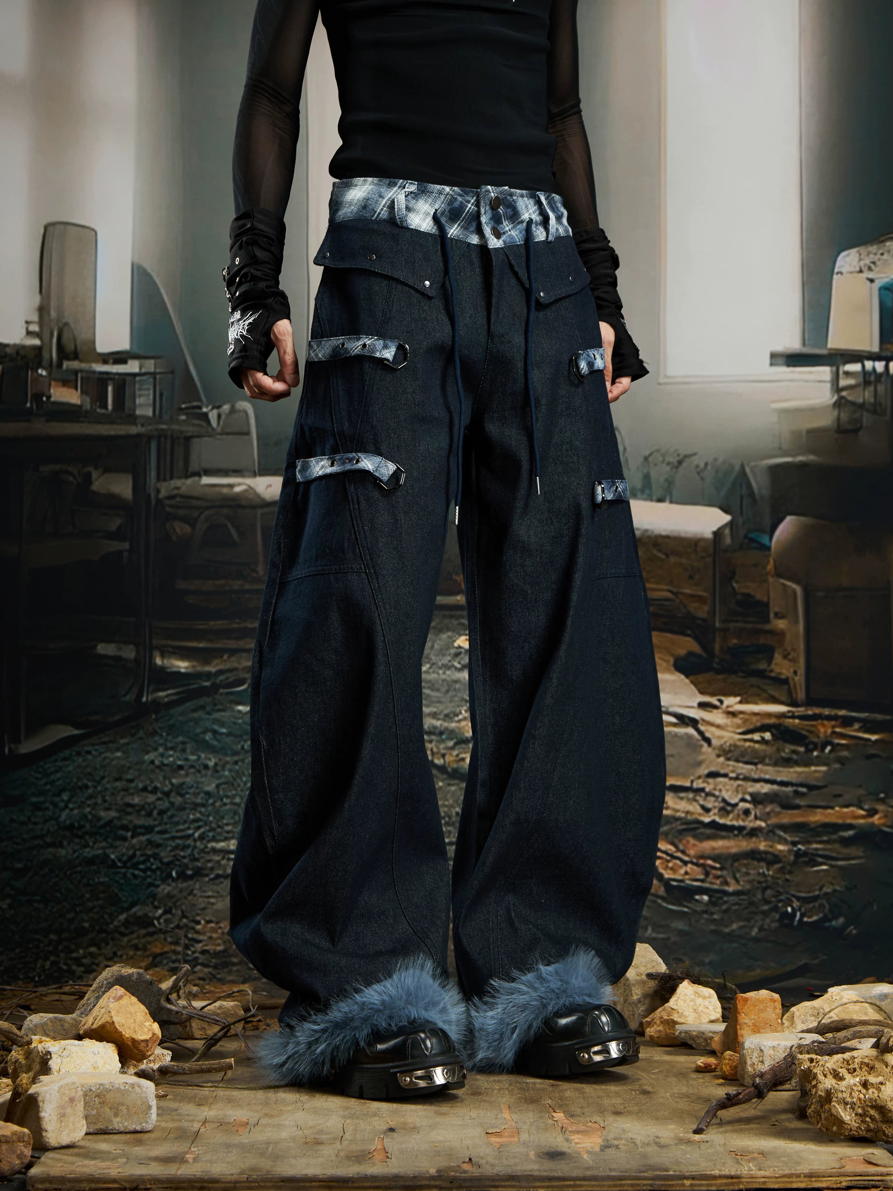 Crimson Plaid Fetters Fur Hem Pants