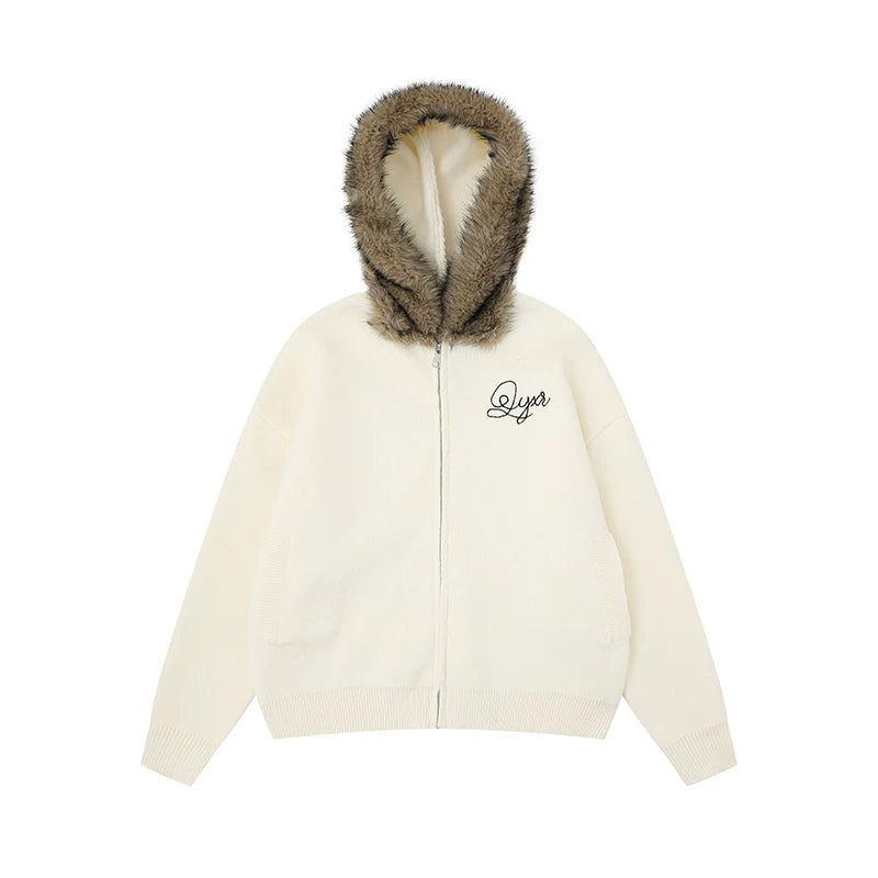 Chestnut Fluff Trim Zip Hoodie Jacket