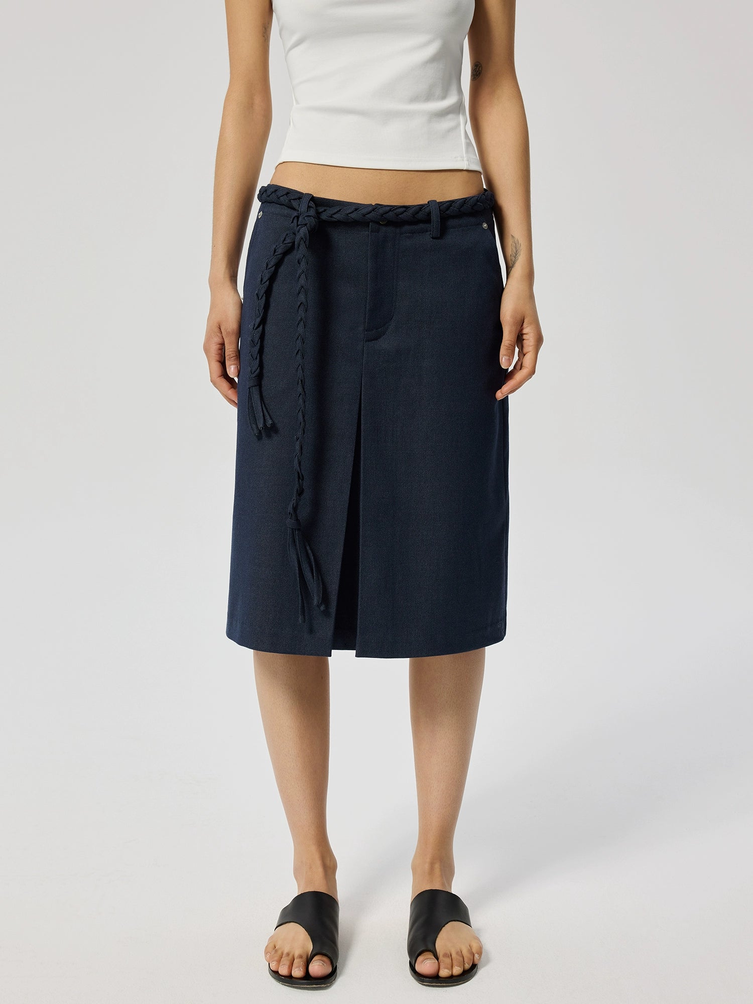 Navy Knee-Length Skirt with Braided Belt