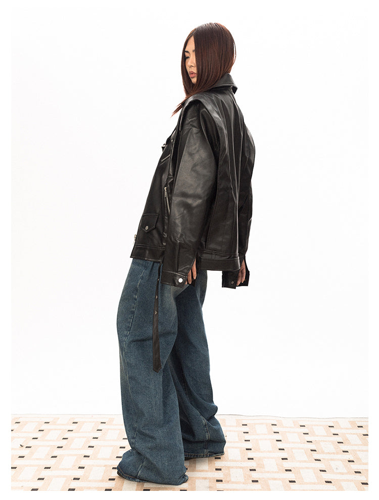 Wide Shoulder Motorcycle Leather Jacket - chiclara