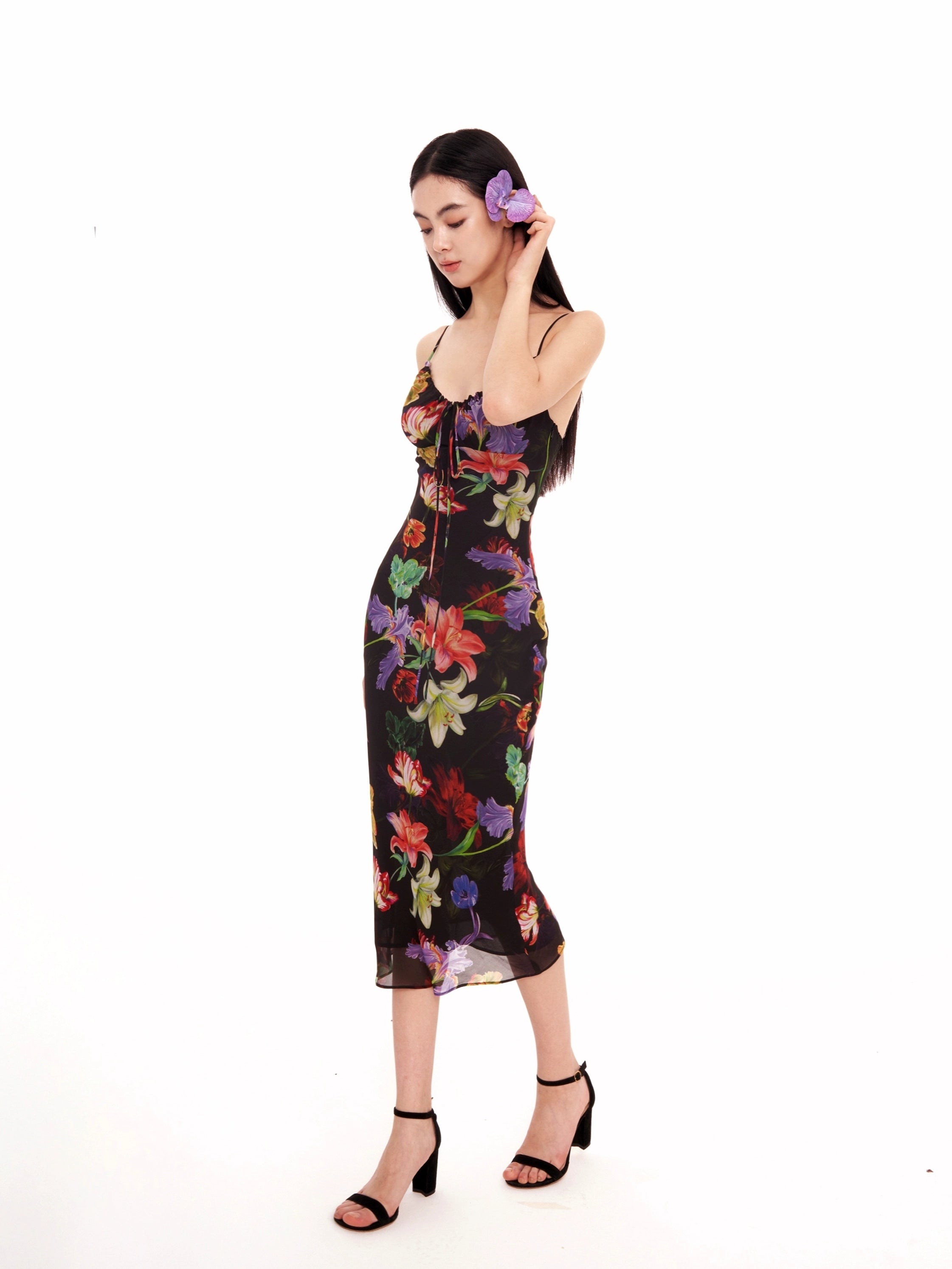 블랙 트로피컬 프린트 플로럴 맥시 드레스