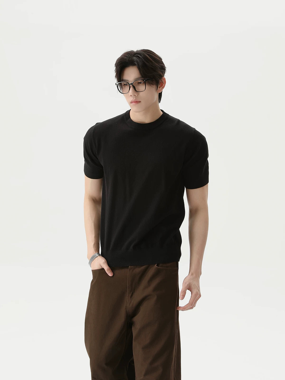 Retro Solid Knit Short-Sleeve T-Shirt - Black