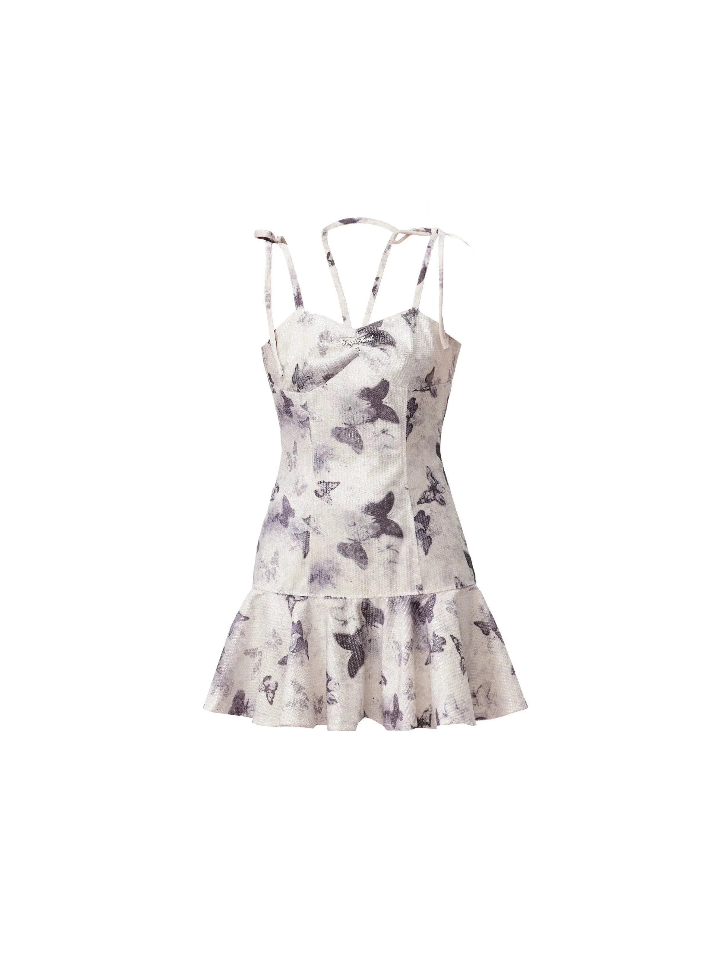 Vestido de correa de espagueti con estampado de mariposa con dobladillo con volantes