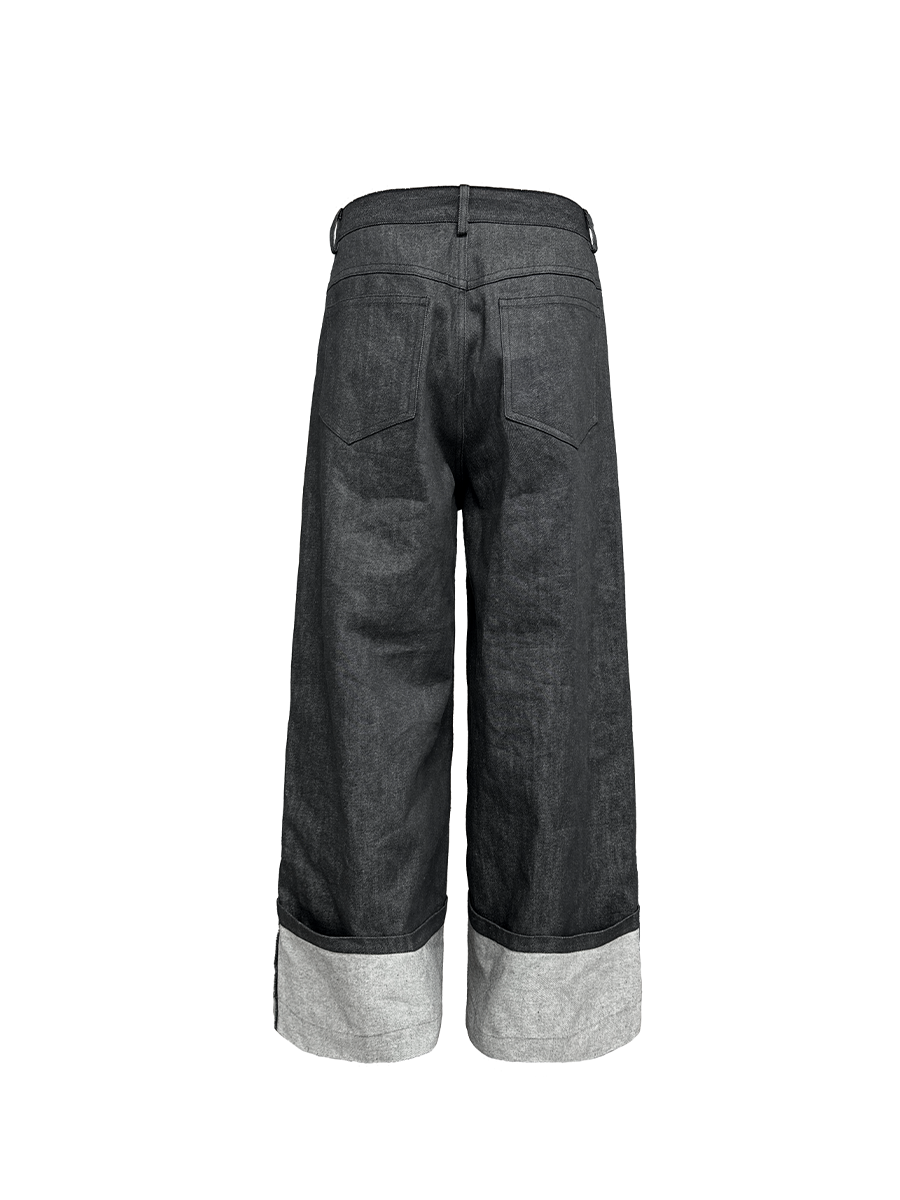 Cuffed Wide-Leg Denim Trousers with Contrast Turn-Up Hem