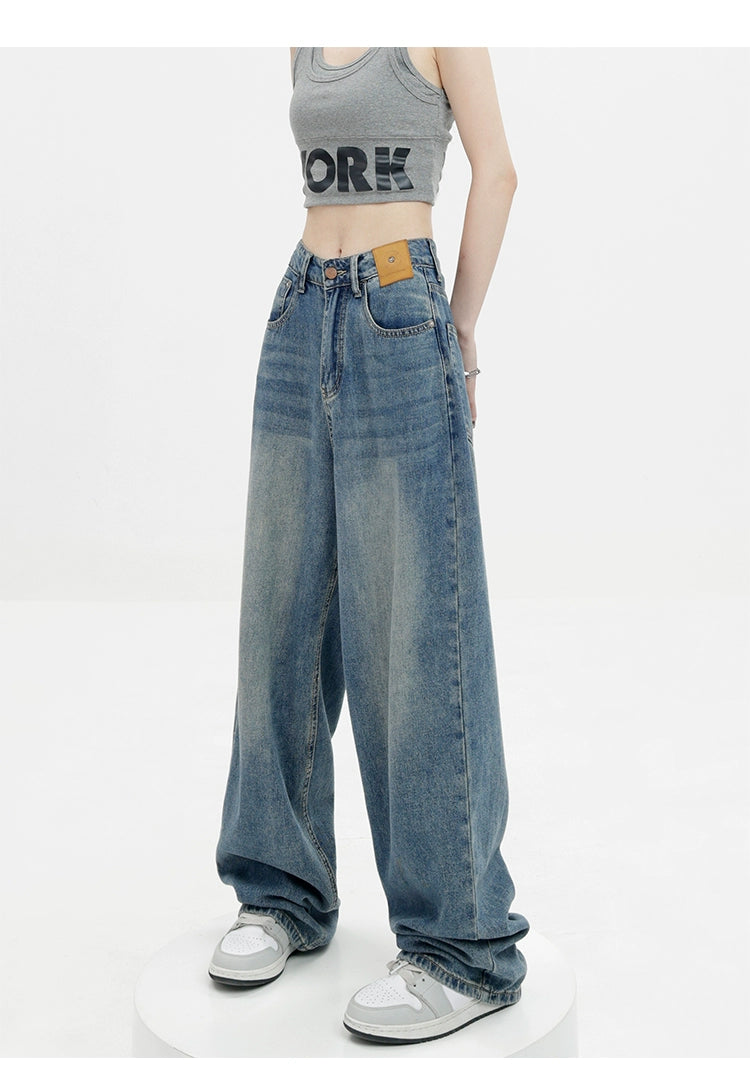 Blue Retro Loose Straight-Leg High-Waist Floor-Length Jeans - chiclara