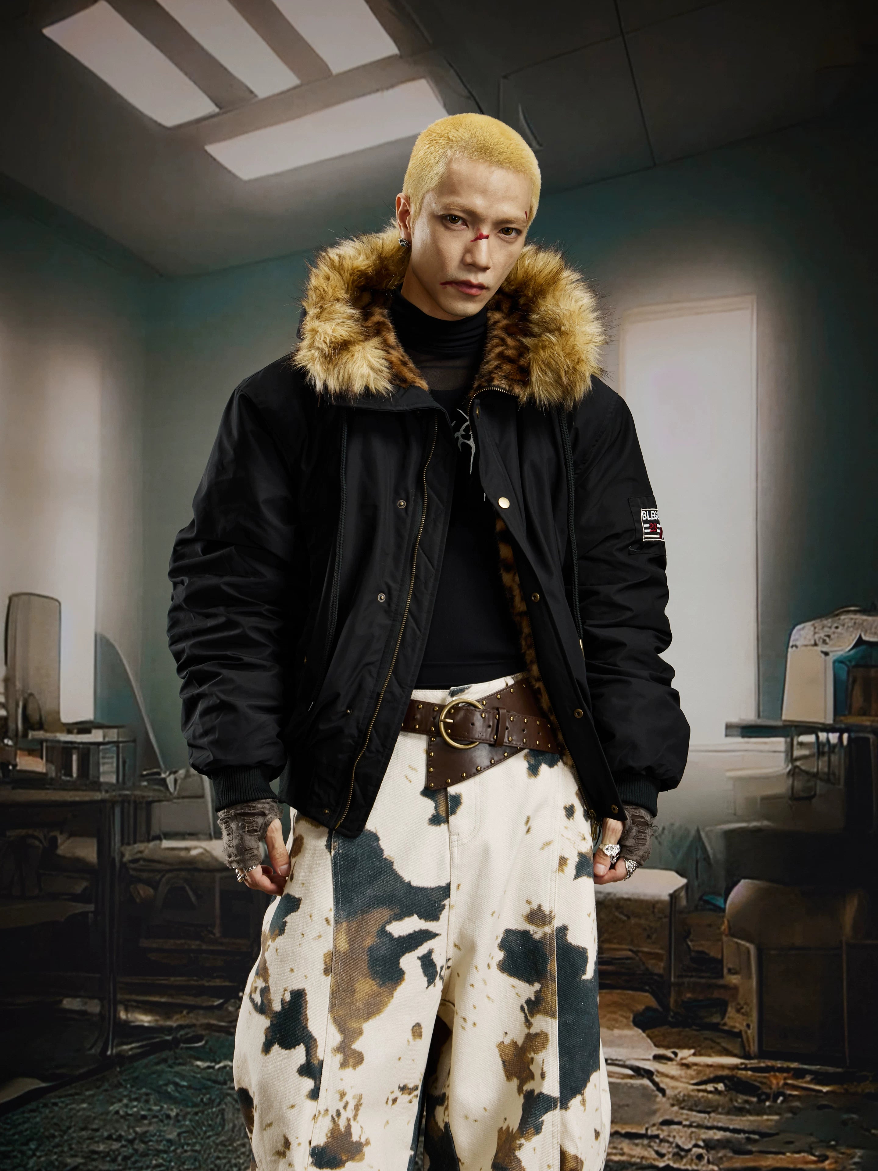 Frostline Fur‑Trim Hooded Bomber Jacket