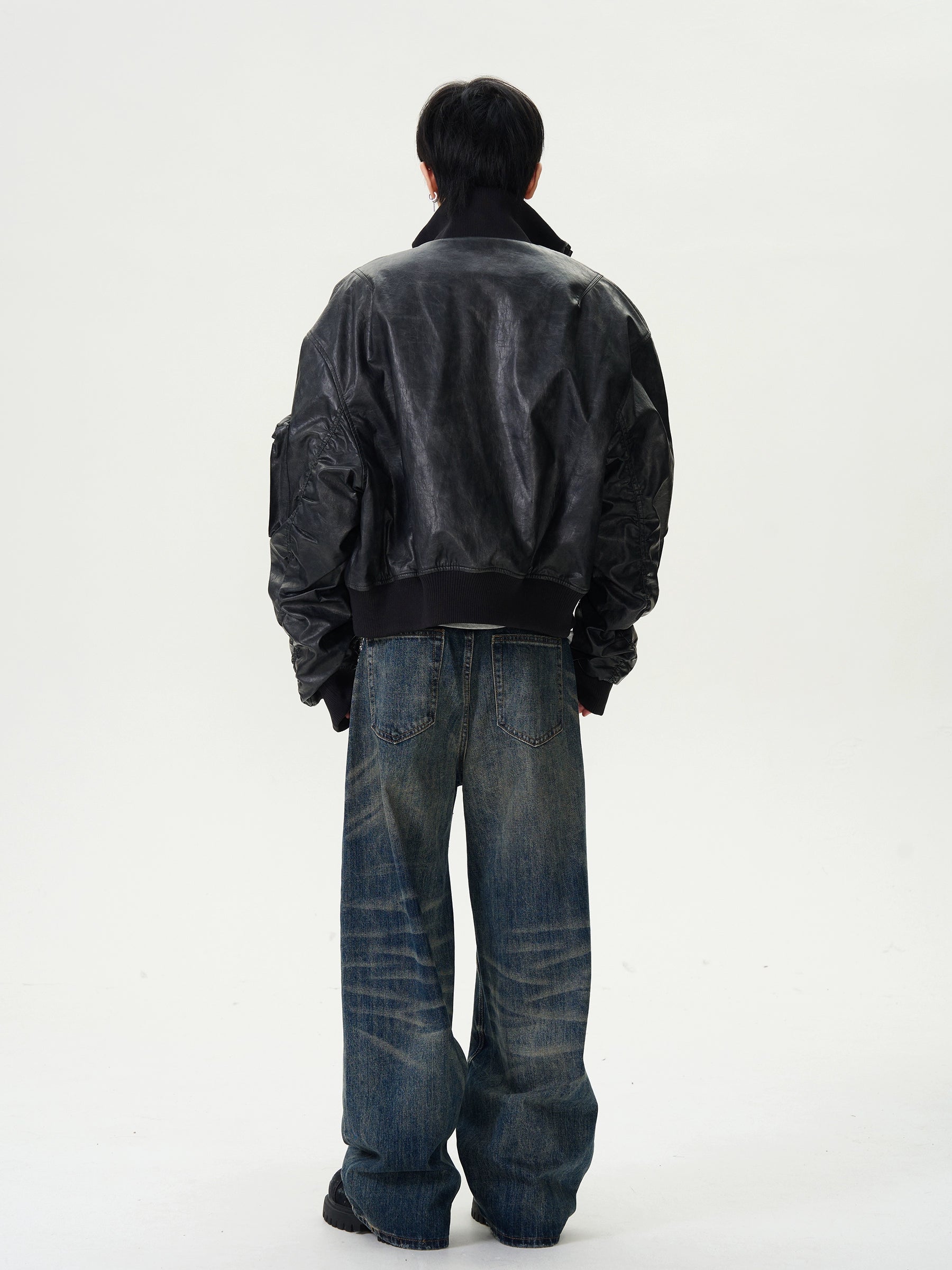 Functional Pocket Faux Leather Bomber Jacket
