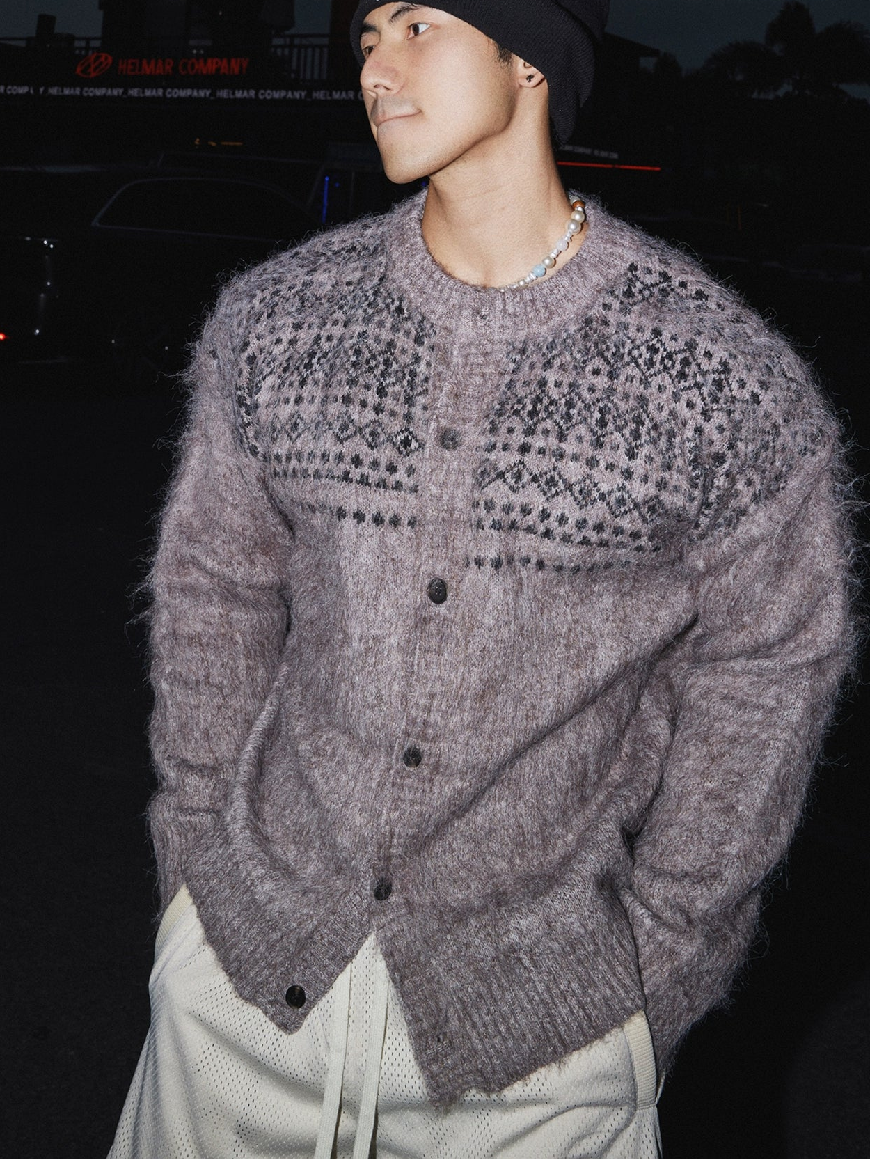 Dark Gray Fuzzy Knit Fair Isle Cardigan