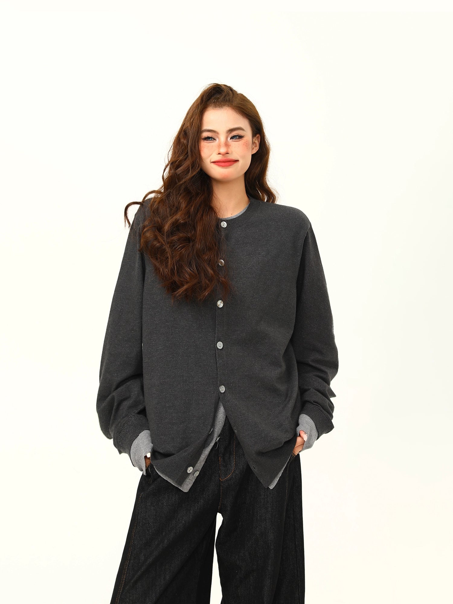 Two-Tone Gray Asymmetric Button Cardigan