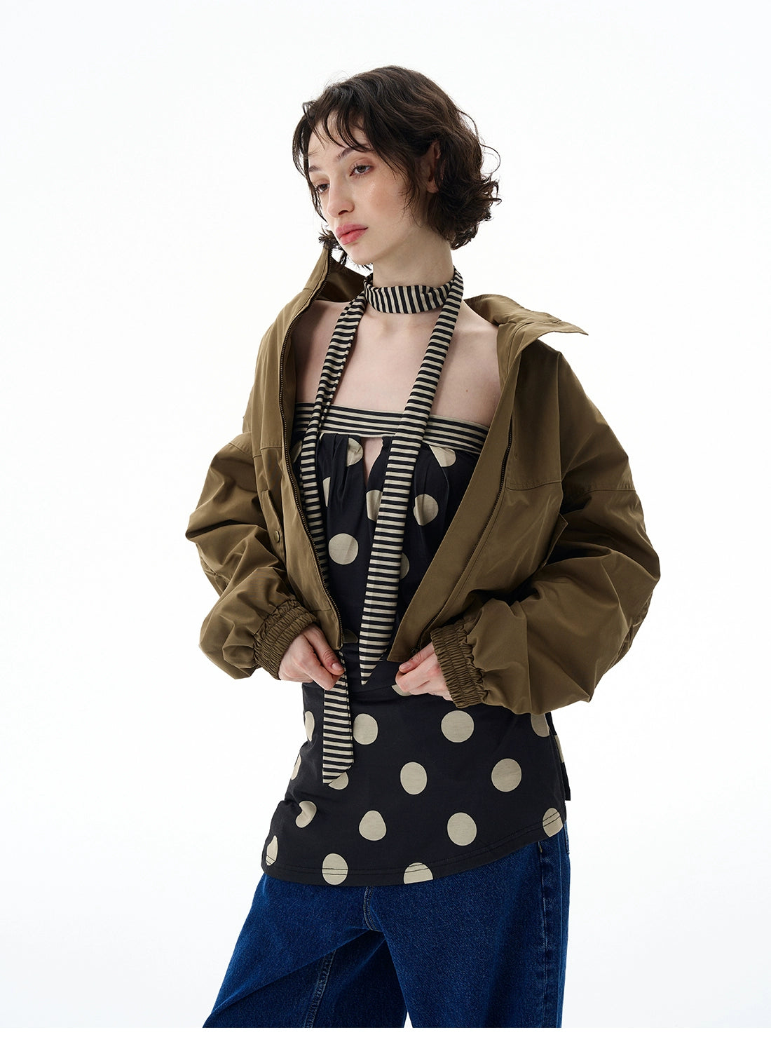 Cropped Utility High Collar Bomber Jacket