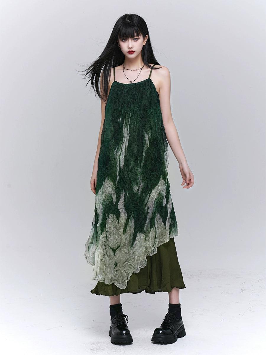 Ladyghost Forest Sprite 레이어드 맥시 드레스 - 여성용 녹색 옴브레 타이 다이 슬립 드레스, 비대칭 밑단