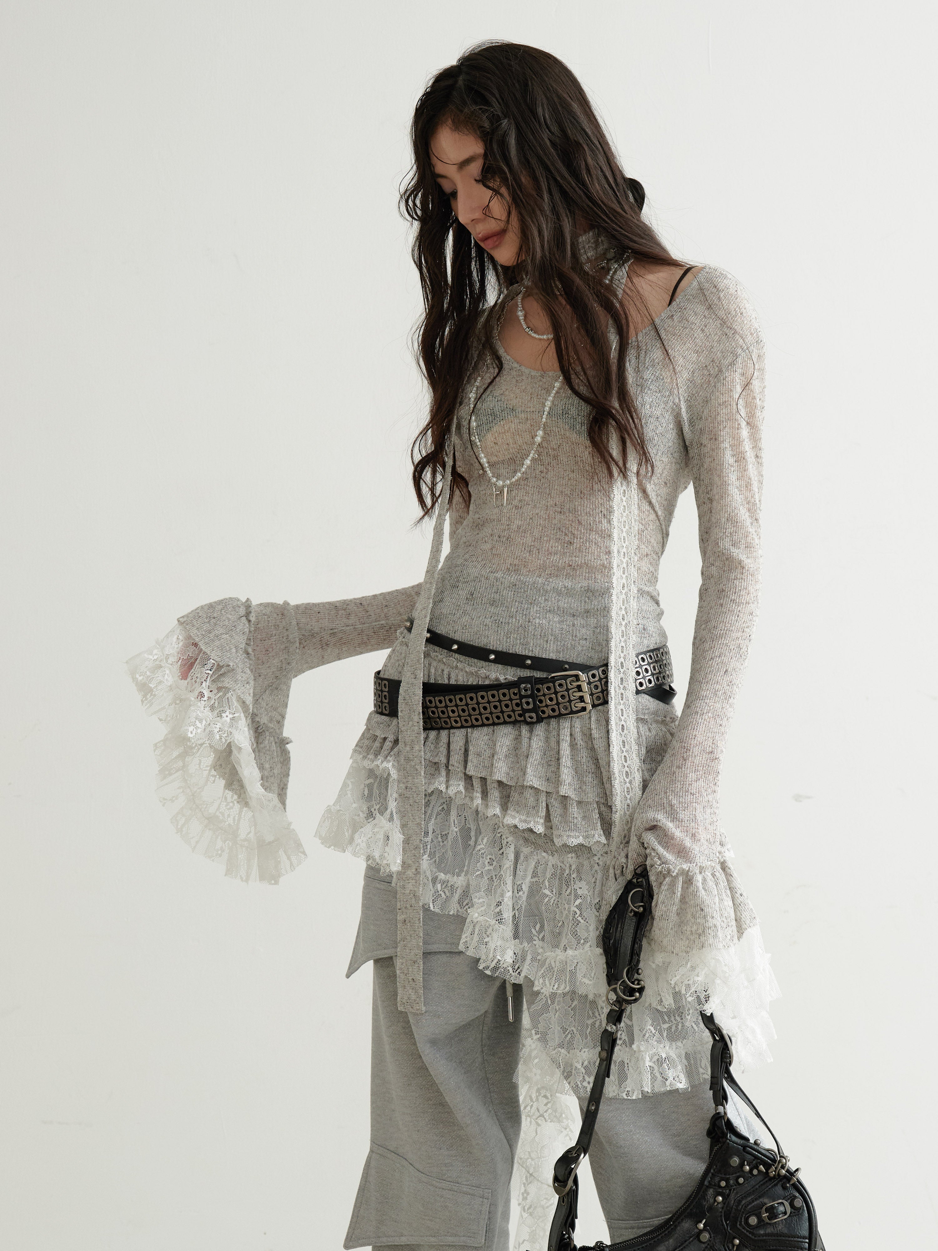 Ethereal Sheer Lace-Panel Asymmetrical Knit Dress