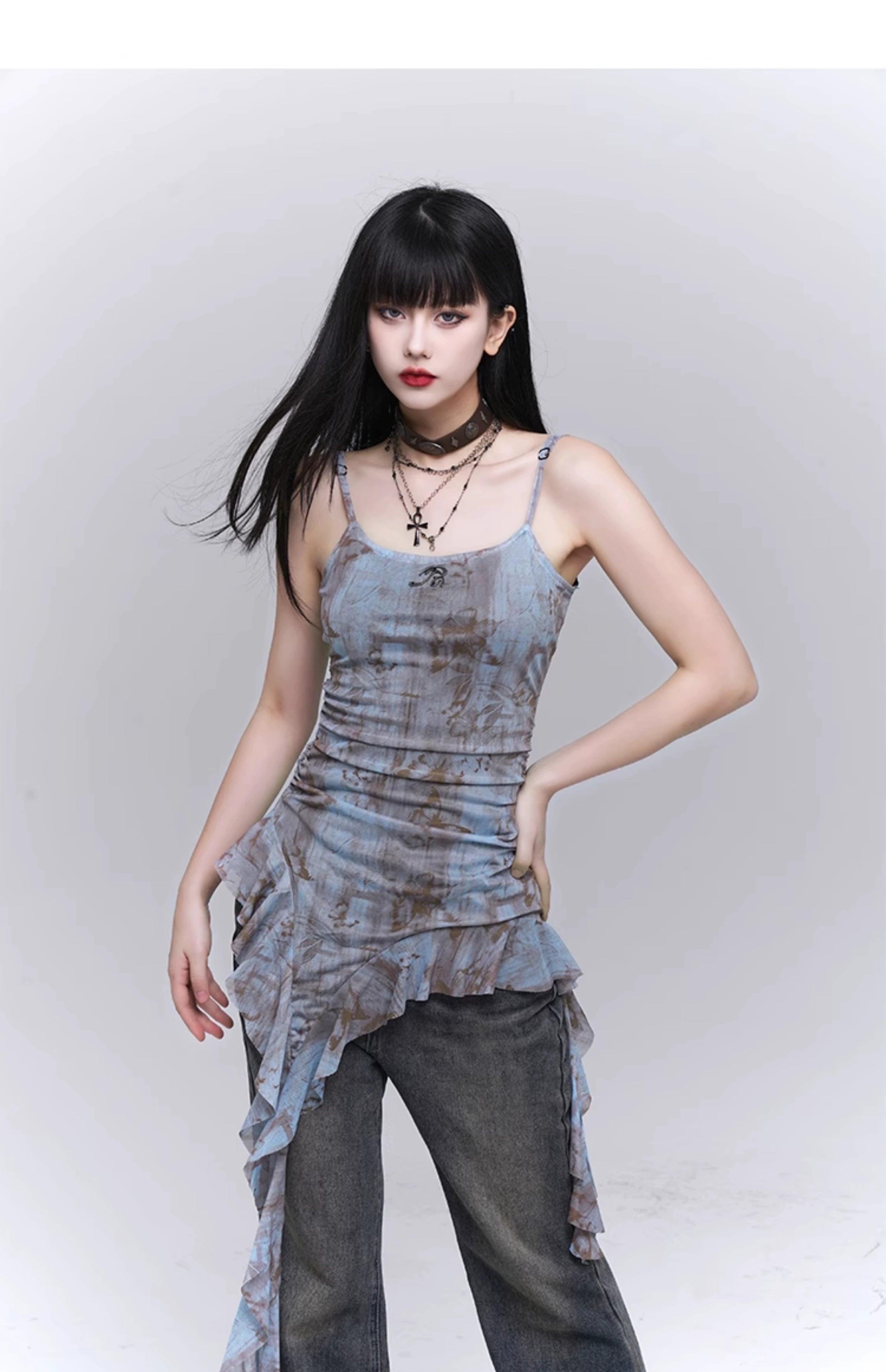 Ladyghost Grunge Fairy 비대칭 캐미 드레스 - 여성용 타이 다이 러칭 미니 드레스, 러플 밑단