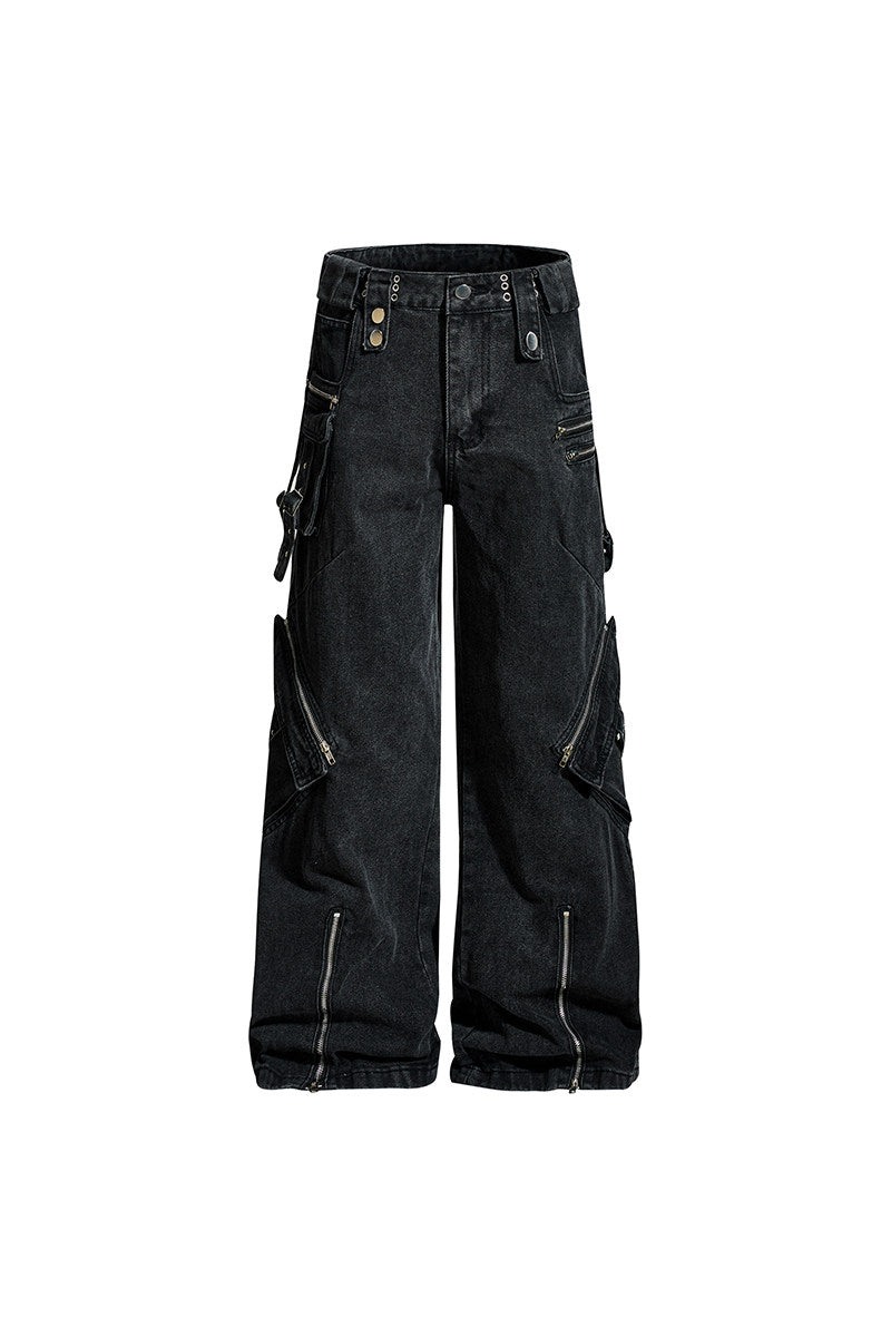 Men's Strap-Rivet Wide-Leg Cargo Jeans