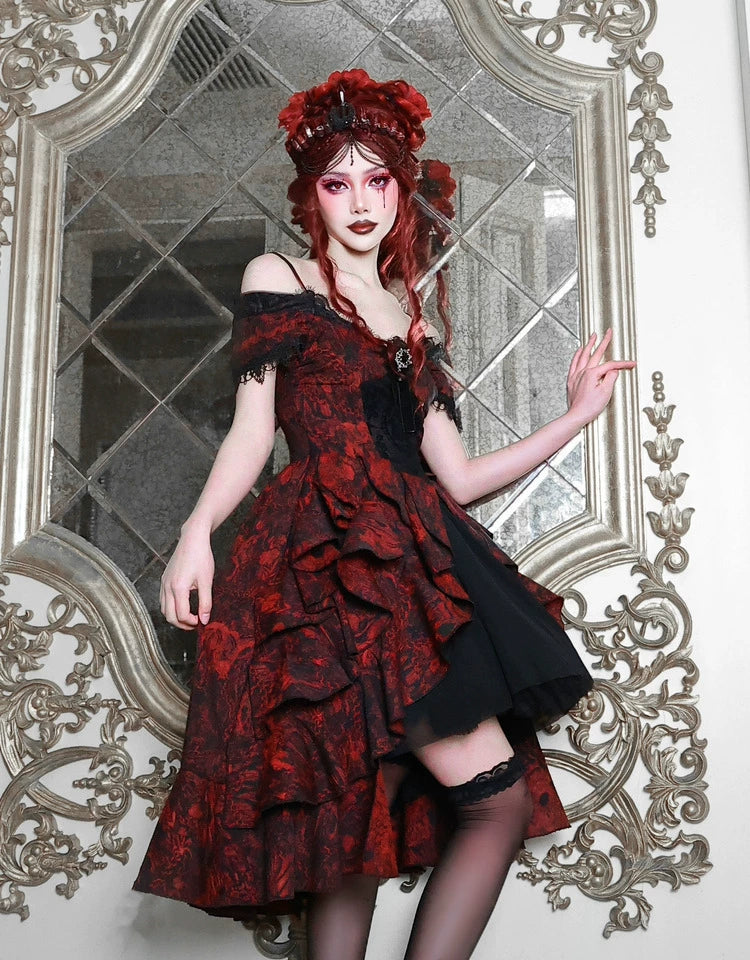 Gothic Red Layered Ruffle Ball Dress