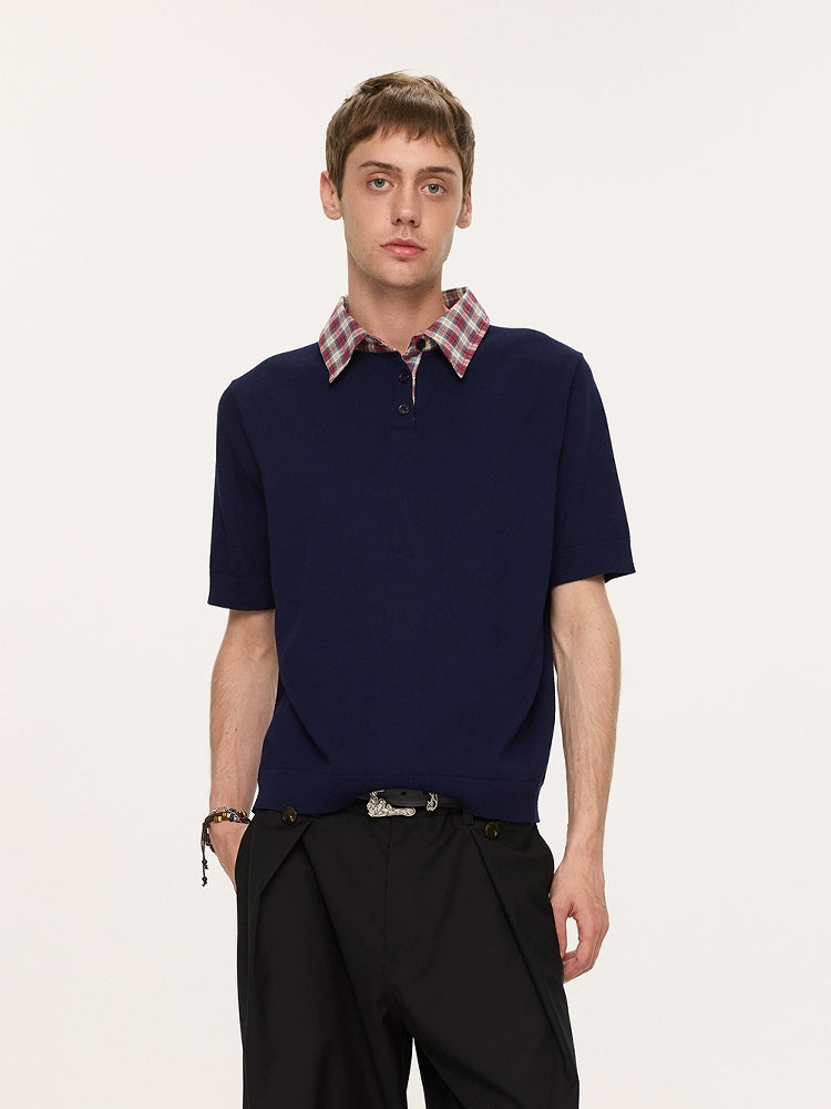 Contrast Plaid Collar Knit Polo Shirt