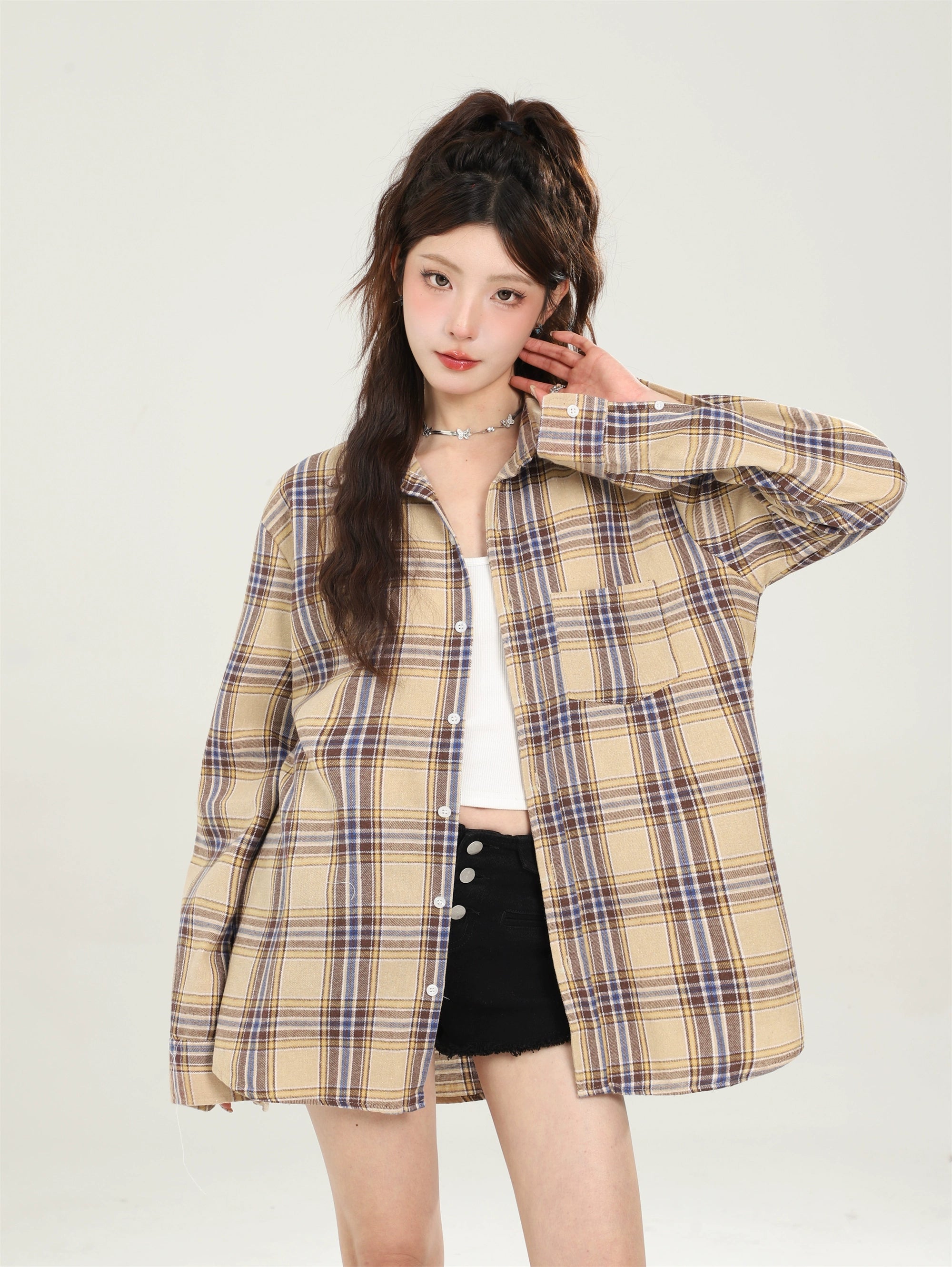 Camisa a cuadros azul suelto vintage