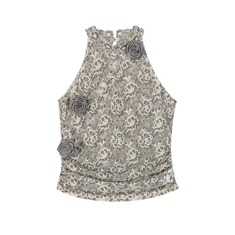 Peony-Pattern Lace Halter Neck Top