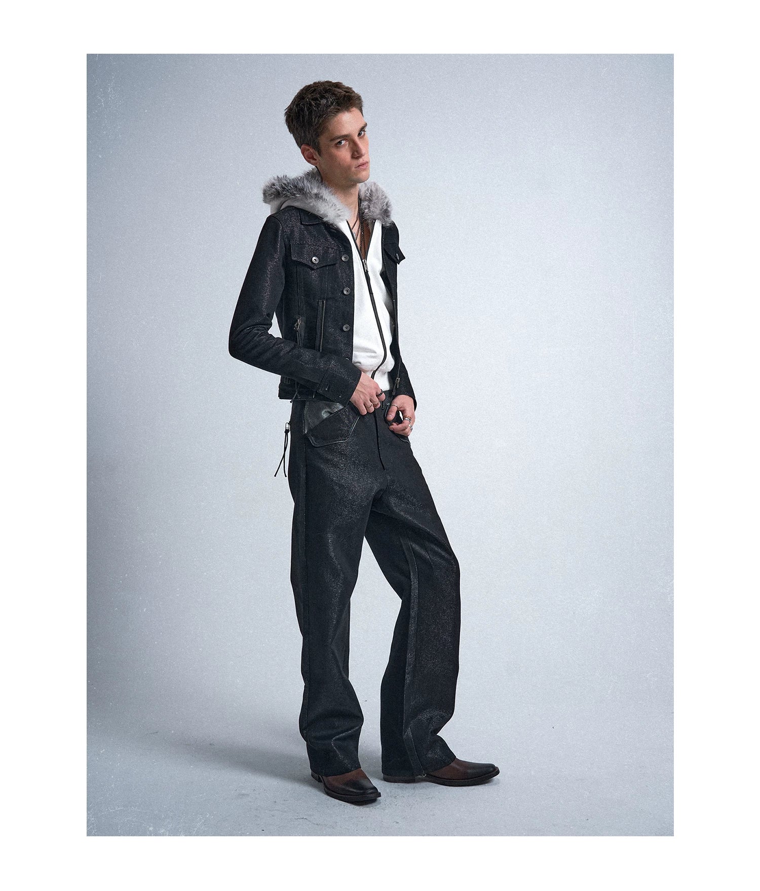 Rudebart Skull Silver‑Yarn Raw Straight Jeans