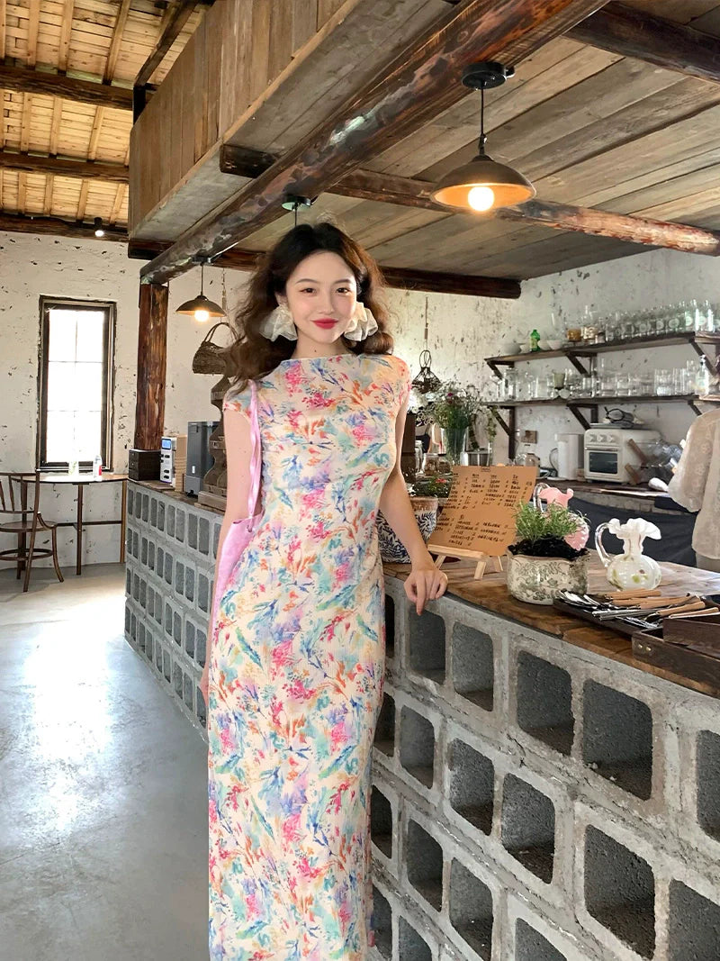 Pastel Watercolor Floral Cheongsam Maxi Dress