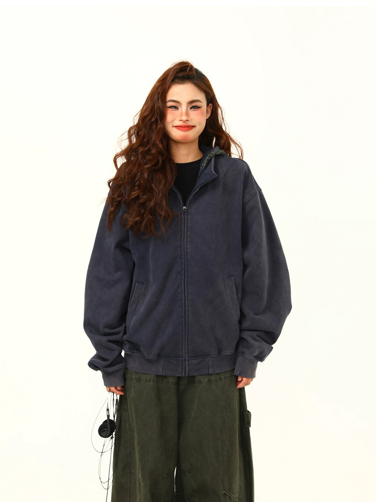 Plaid Hooded Oversized Zip Jacket