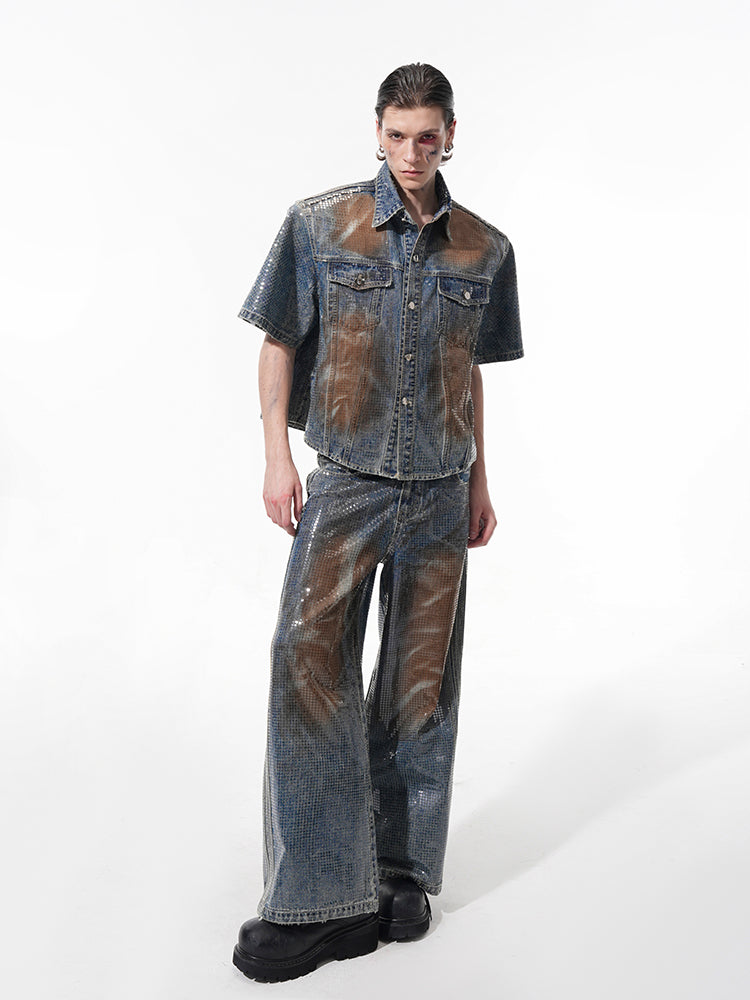 Hot Stamping Metallic Denim Jacket and Jeans Setup