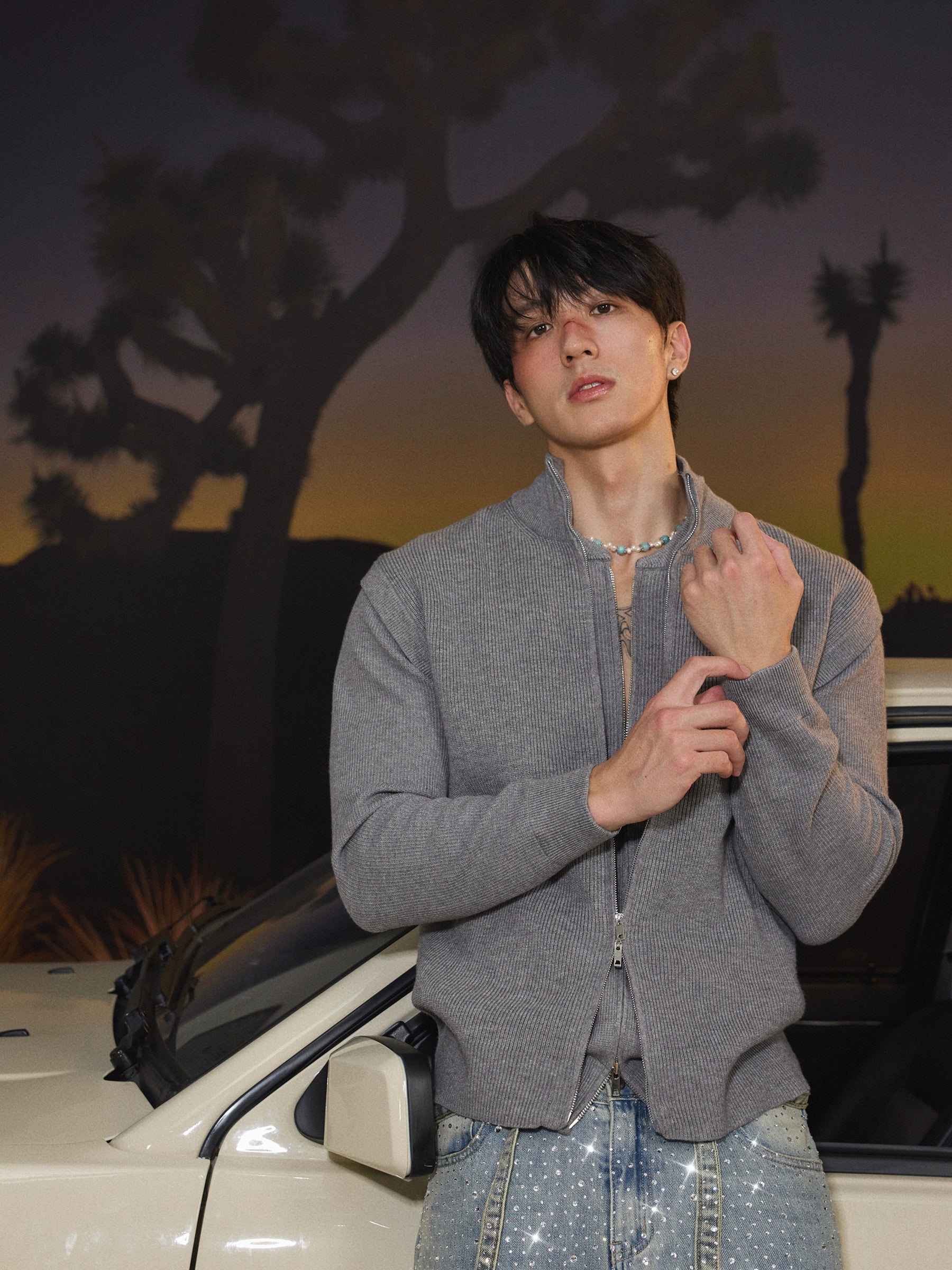 Ash Ribbed Zip-Up Cardigan