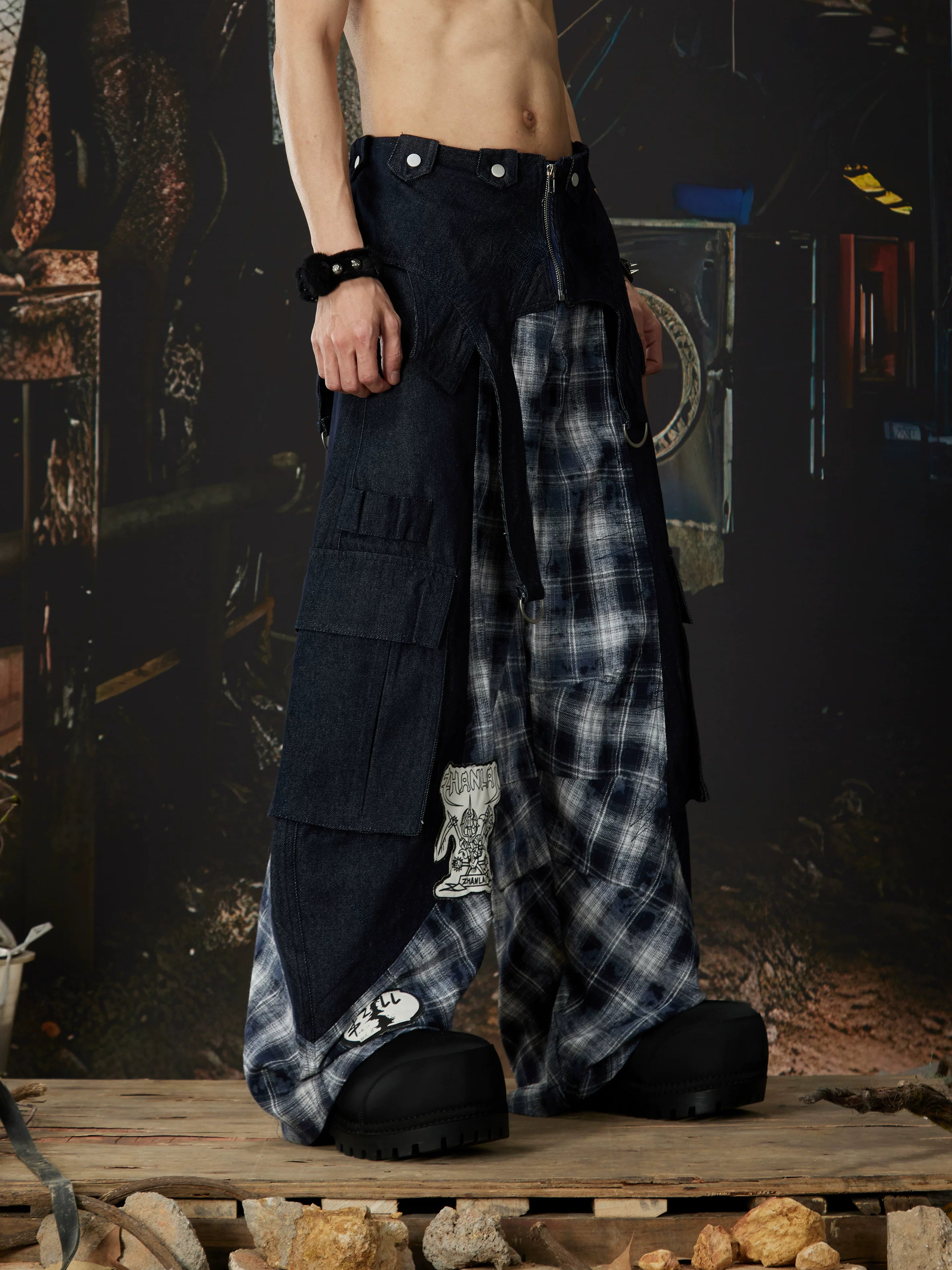 Riot Plaid Layered Trench Cargo Pants