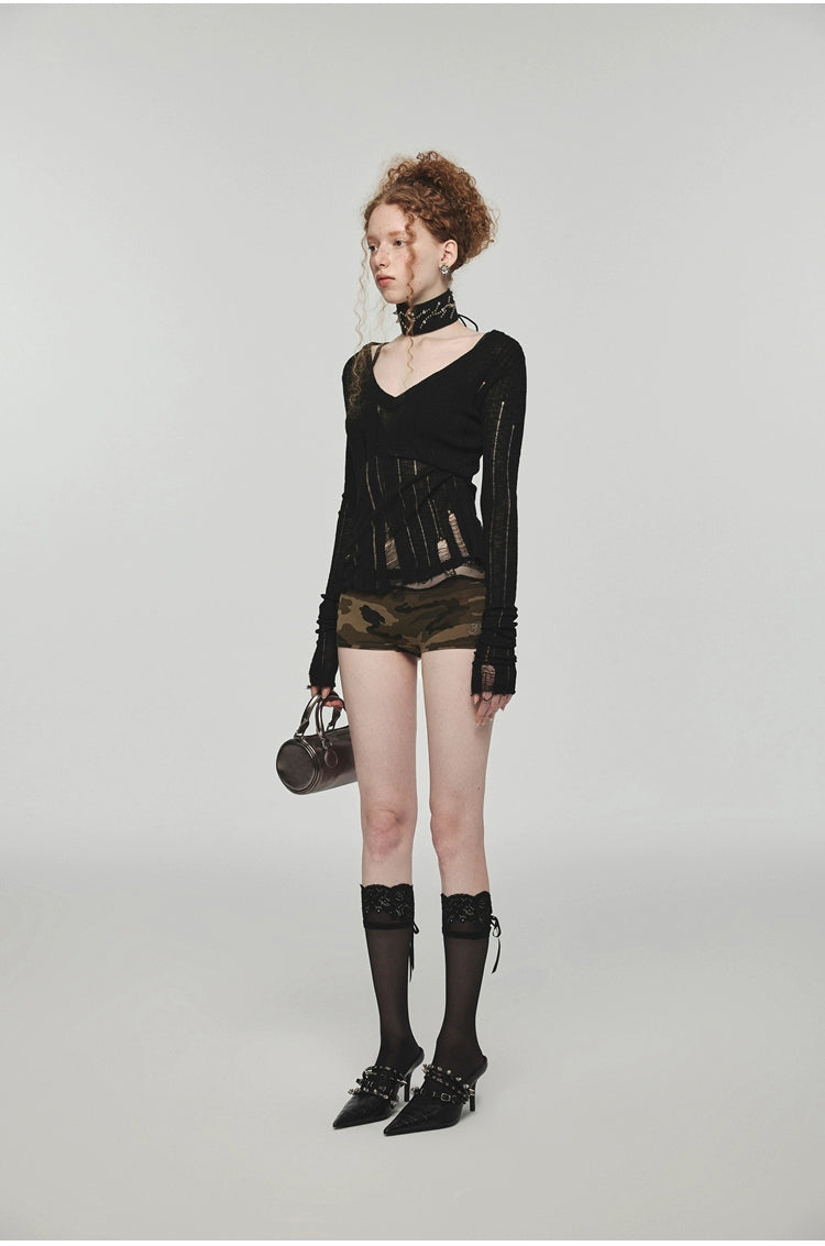Hollow-Out V-Neck Thin Cardigan With Distressed Waist Knit Top - chiclara