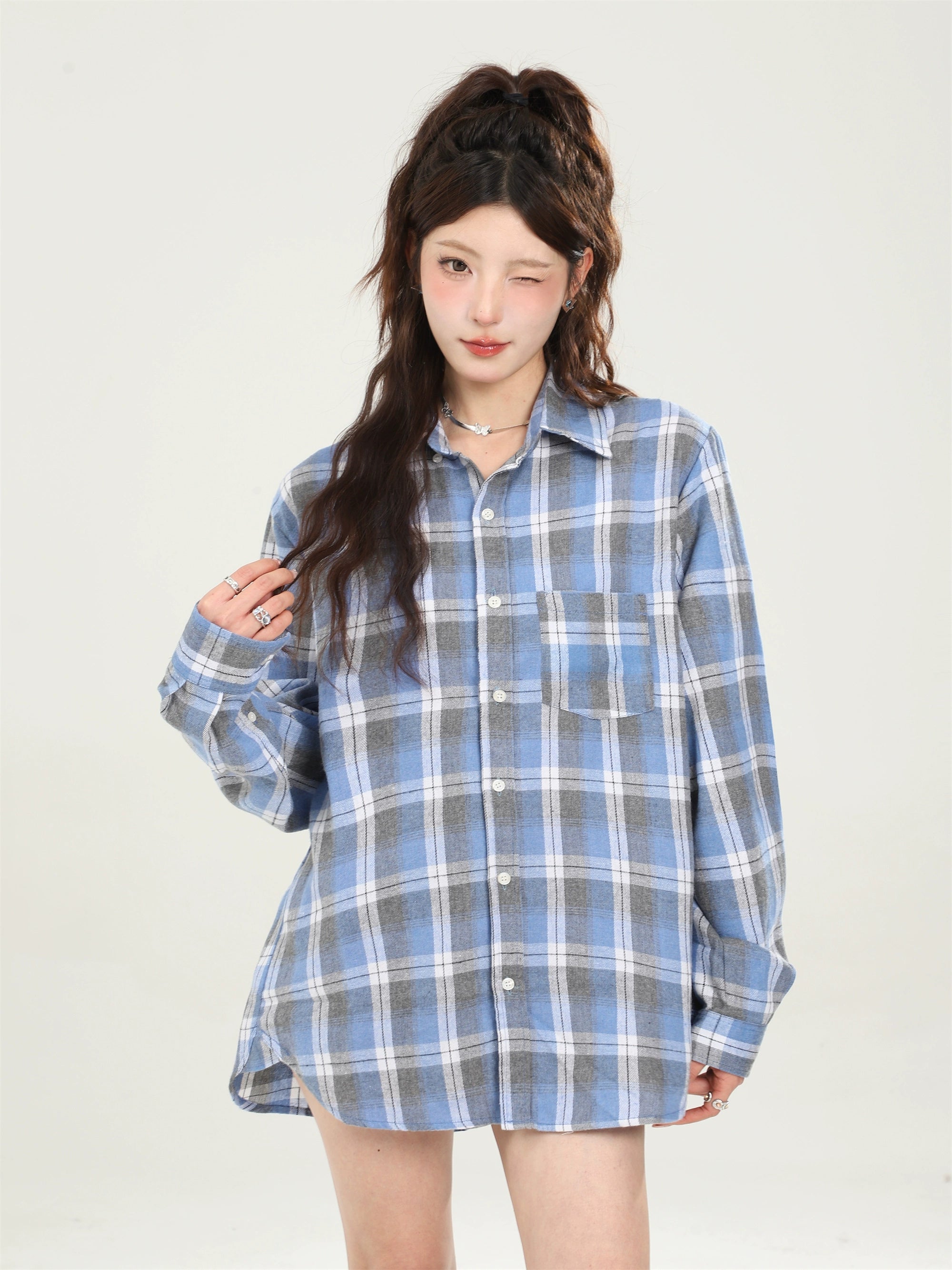 Camisa a cuadros azul suelto vintage