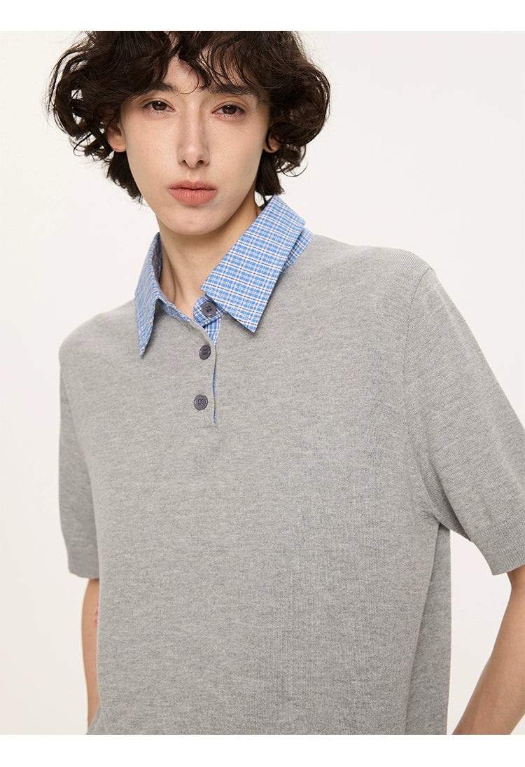 Contrast Plaid Collar Knit Polo Shirt