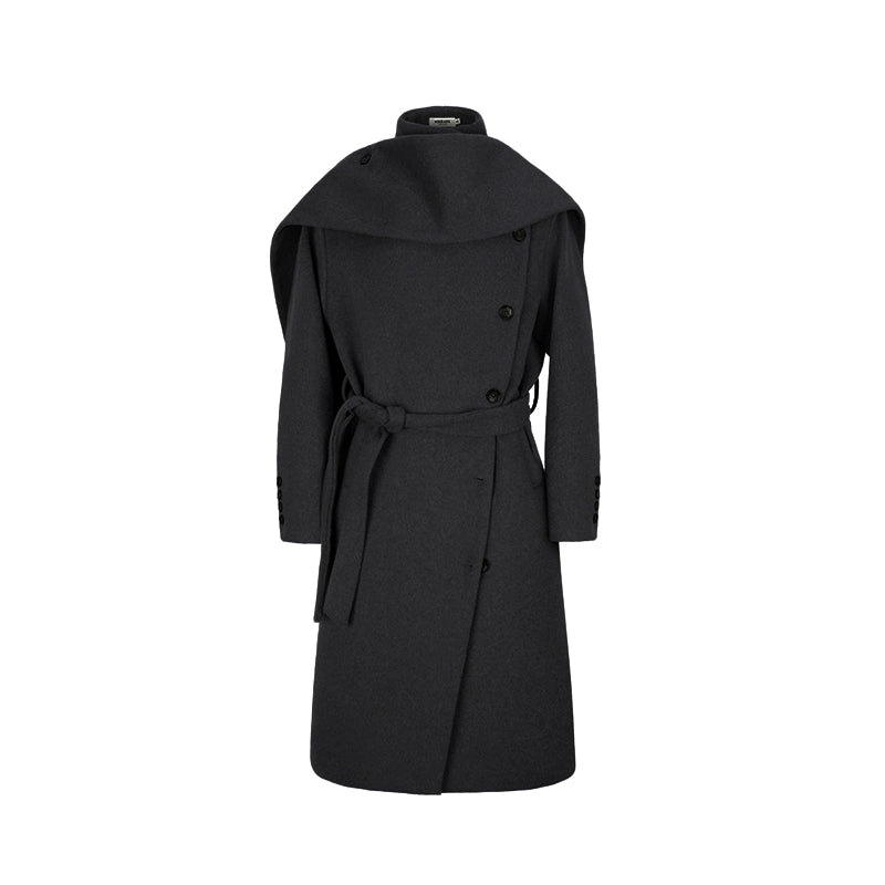 Wool Belted Overcoat with Cape Collar