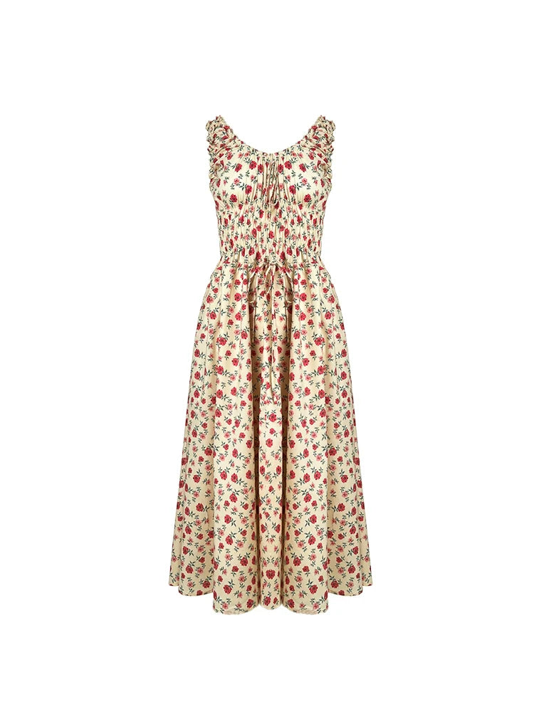 Puff-Sleeve Maxi Dress with Red Floral Print