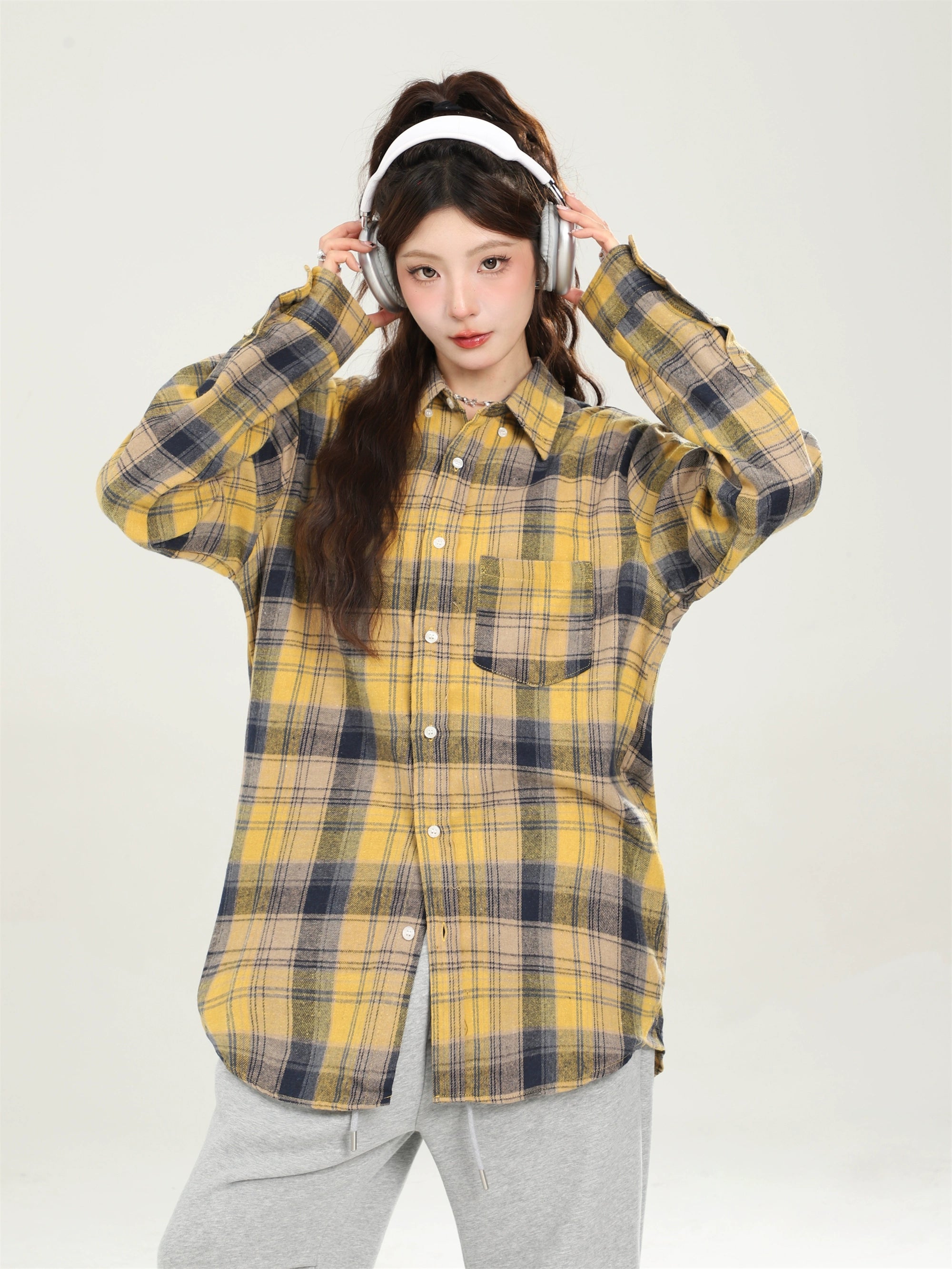 Camisa a cuadros azul suelto vintage