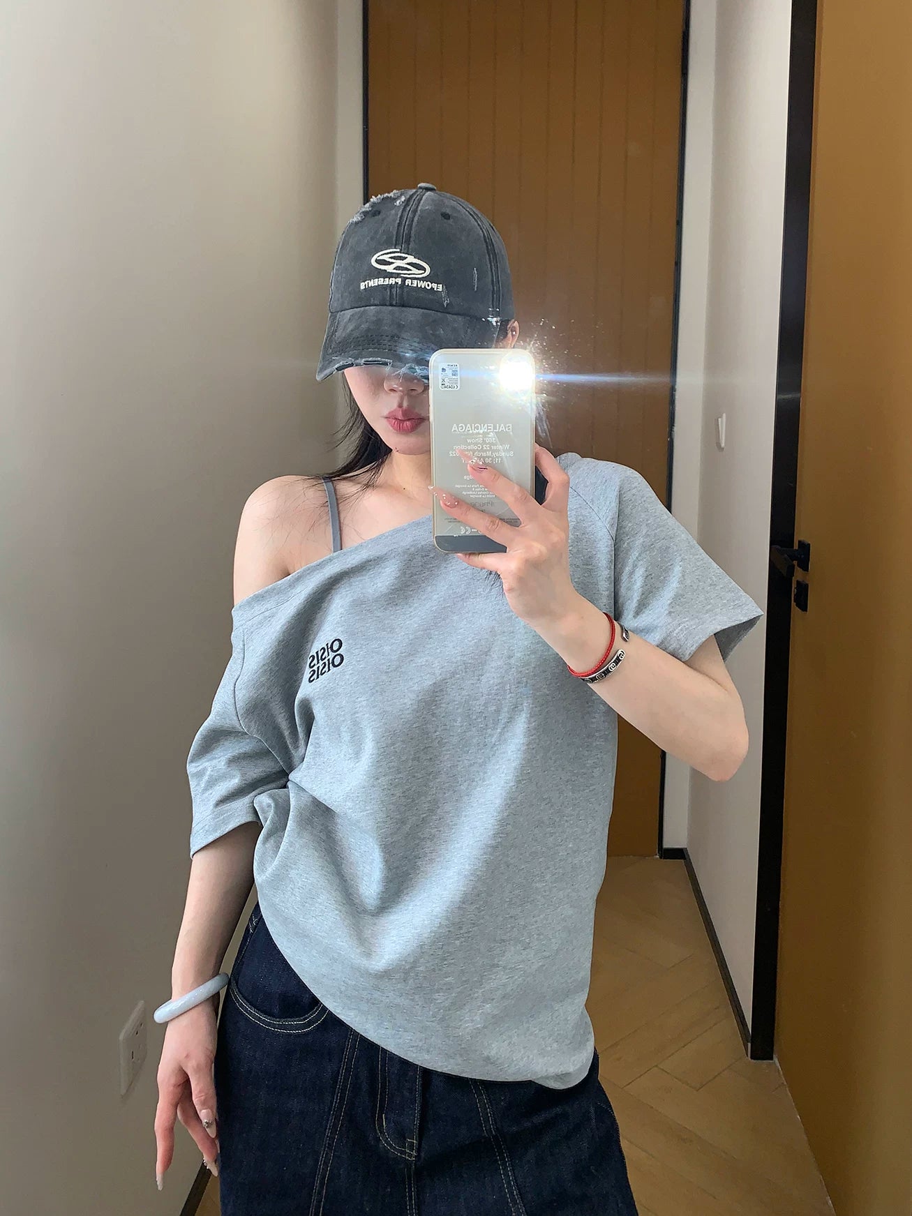 Ash Off-Shoulder Logo Tee