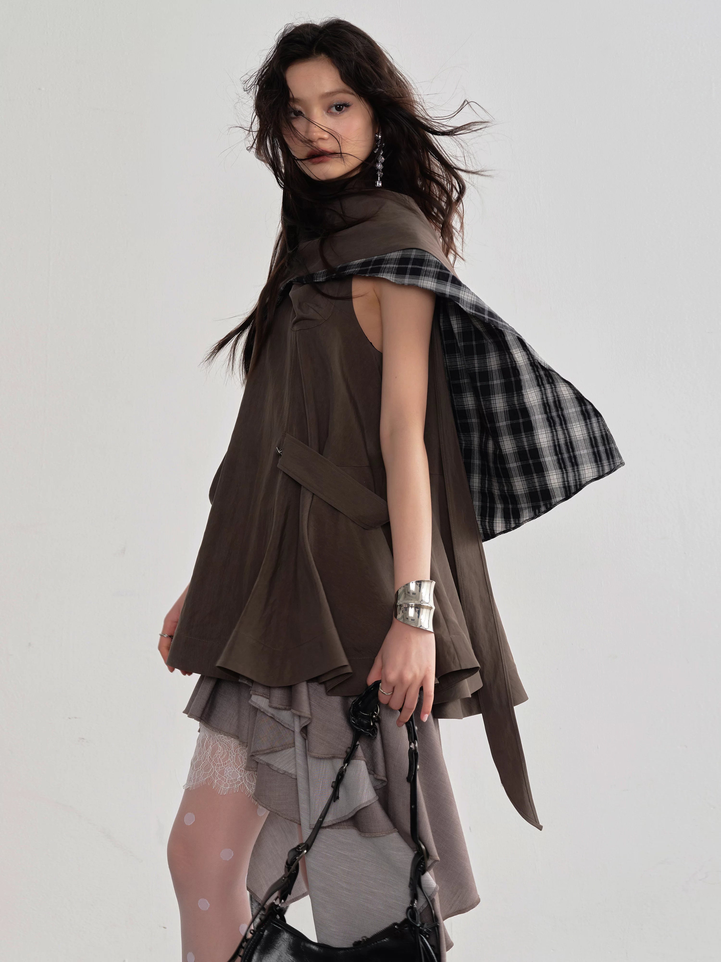 Cape-Layer Asymmetric Blouse