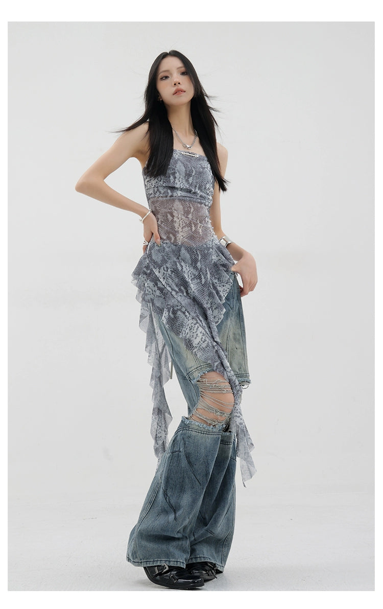 Black Asymmetric Ribbon Strap Tank Top With Ruffle Edge Design - chiclara