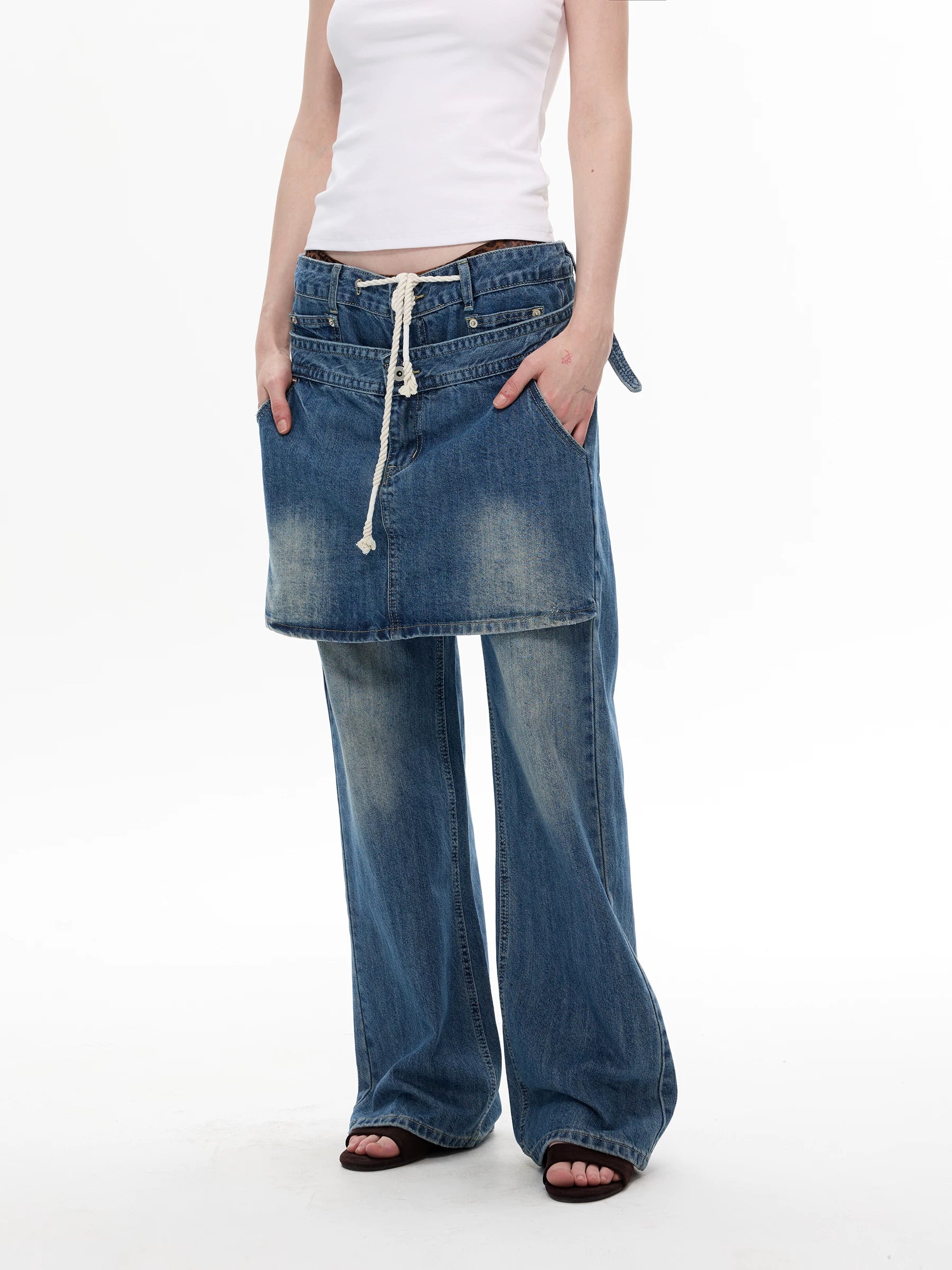 Rope Layer Denim Skirt‑Over Flare Jeans