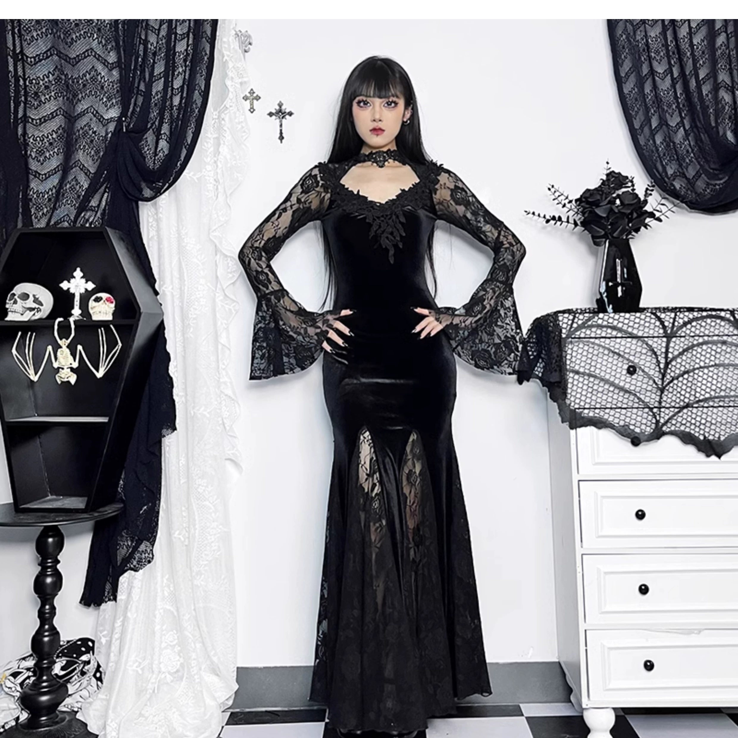 Robe sirène en velours gothique wannathis - robe de plancher en dentelle à manches longues avec collier élevé