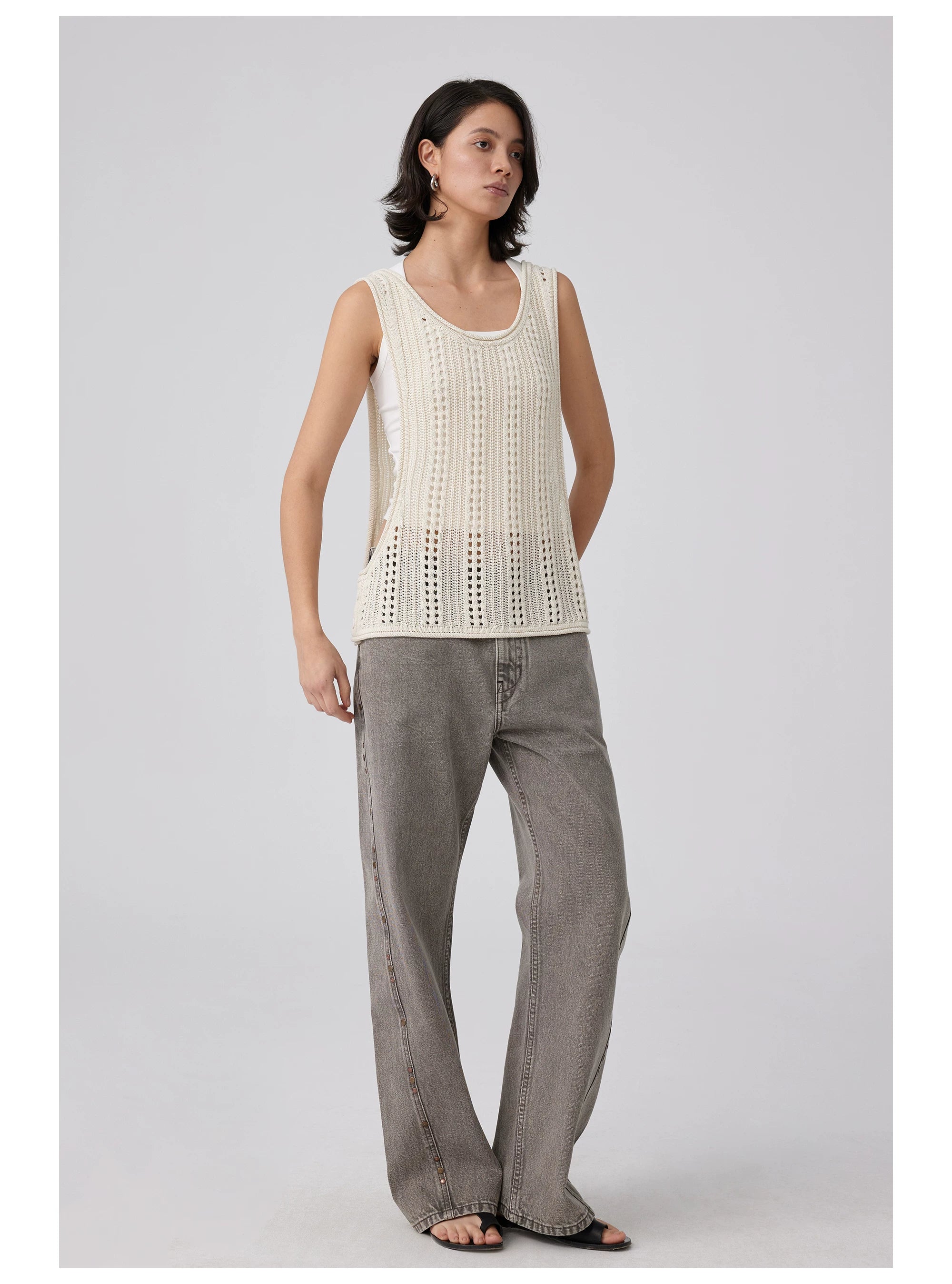 Open-Knit Button-Detail Vest