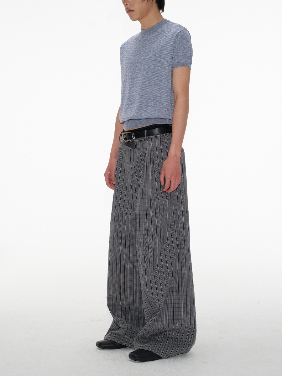 Grey Glen-Check Pleated Wide-Leg Trousers