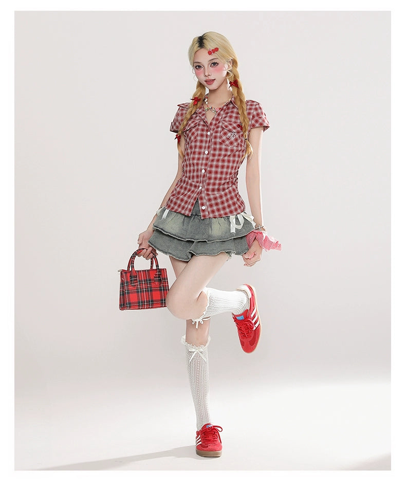 Layered Denim Mini Skirt with Ribbon Ties