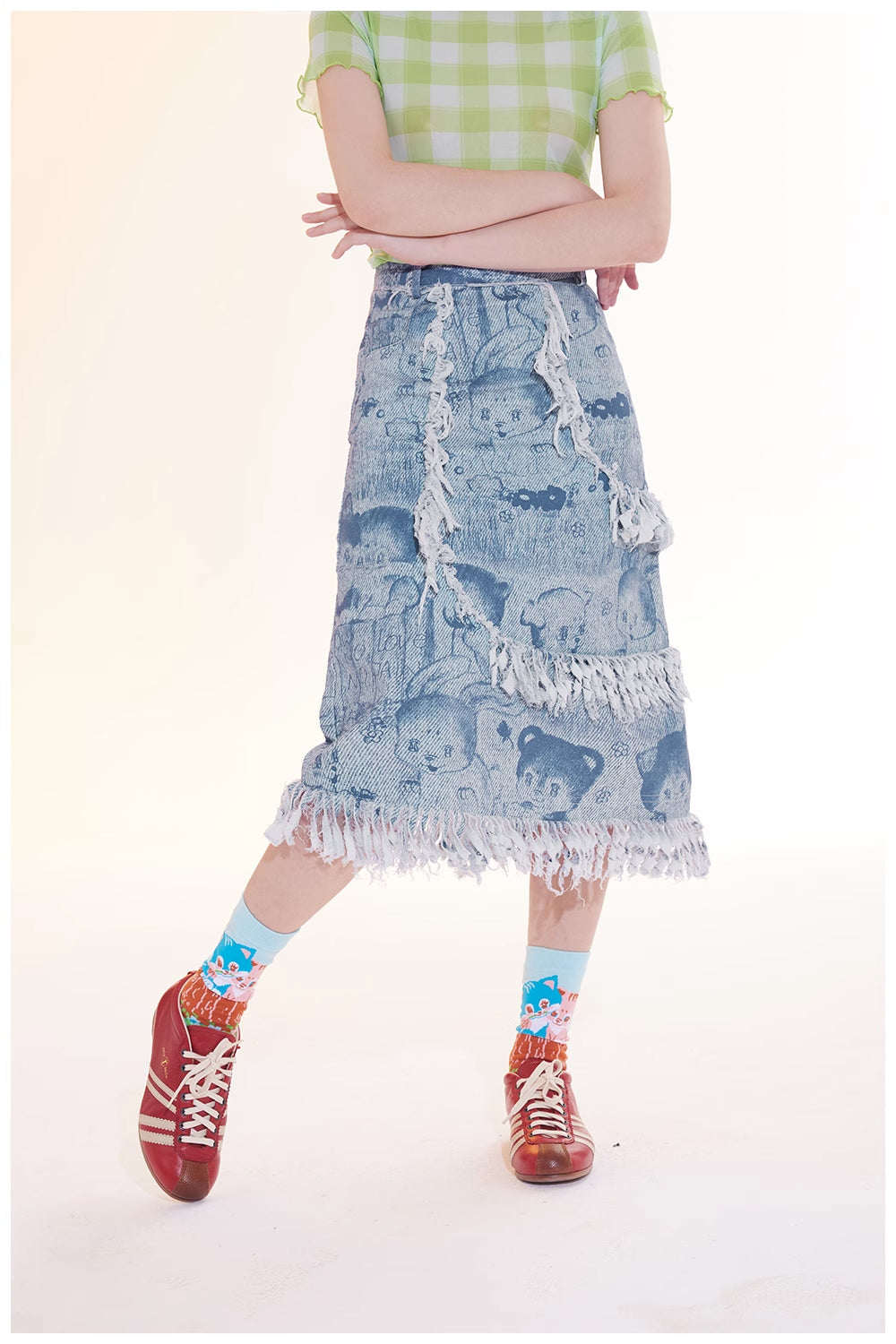 Cartoon Print Frayed Denim Midi Skirt