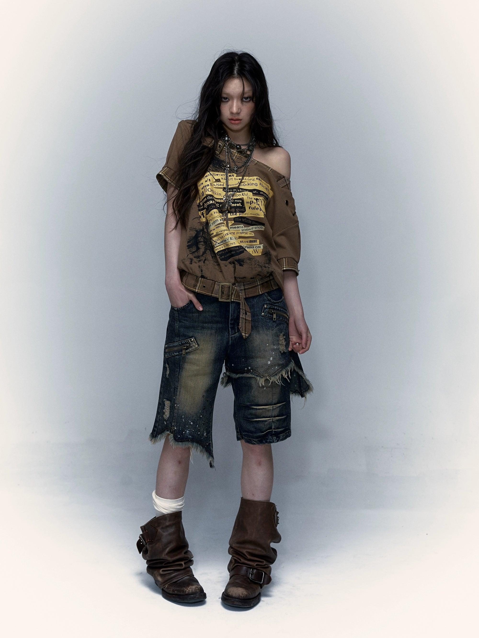 Asymmetrical Distressed Denim Shorts