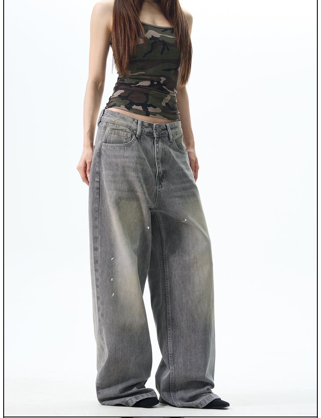 Gray Washed Wide Leg Jeans