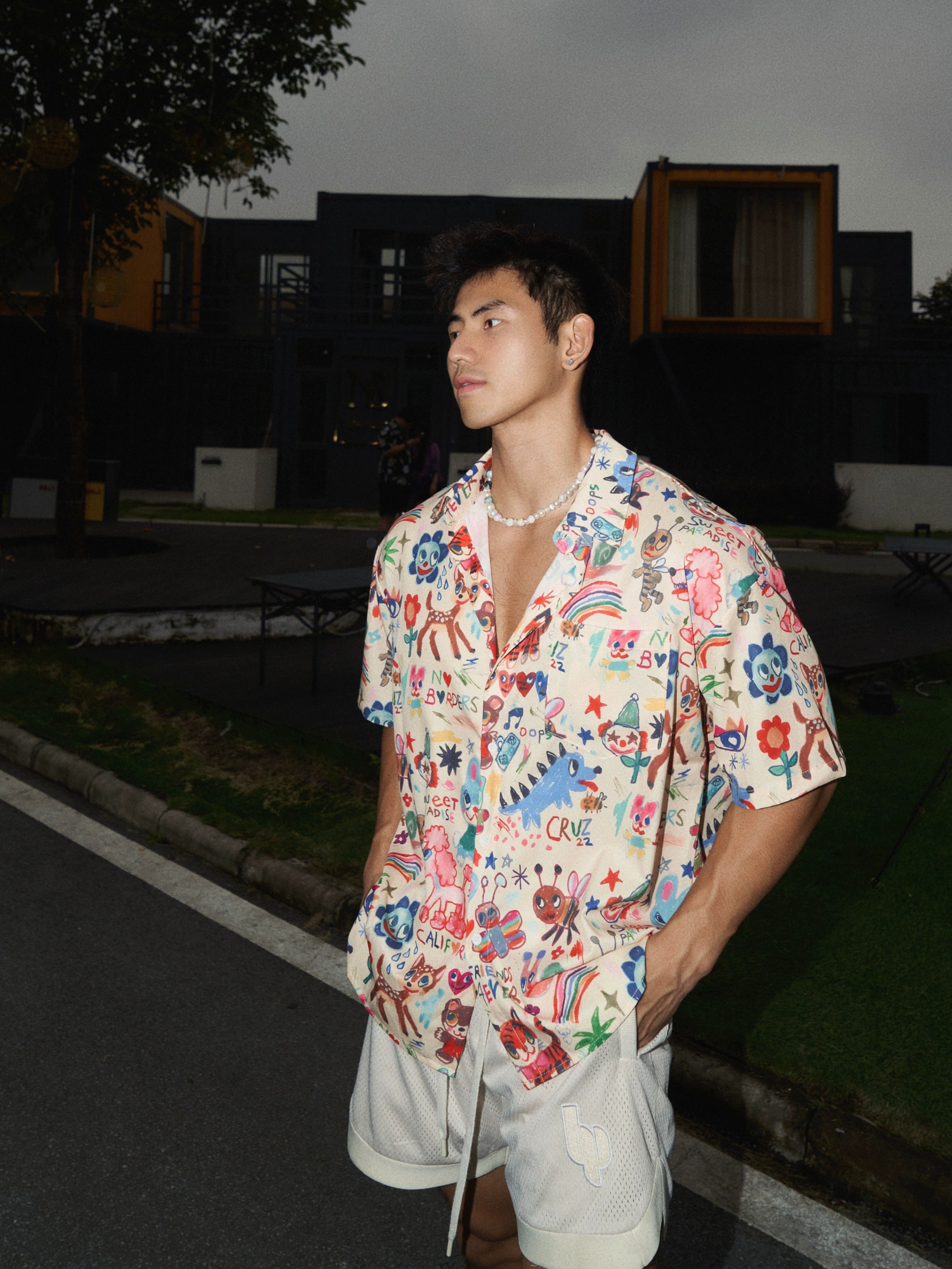 Cartoon Print Short-Sleeve Button-Up Shirt