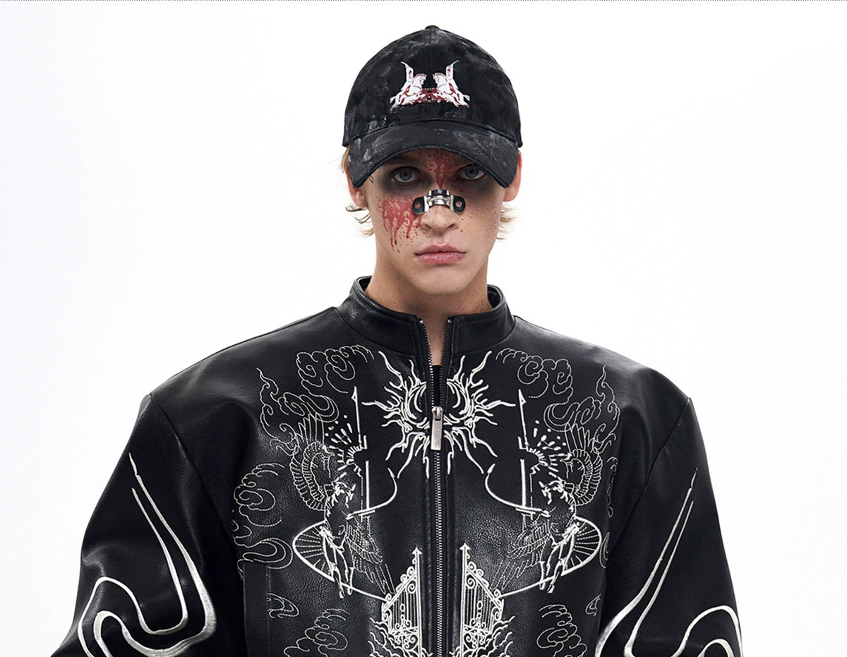 Black Cropped Graphic Leather Jacket