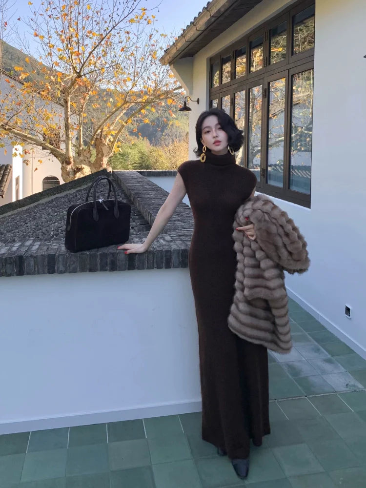 Warm Mohair Turtleneck Knit Maxi Dress