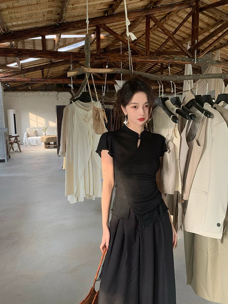 Asymmetrical Ribbed Cheongsam Top